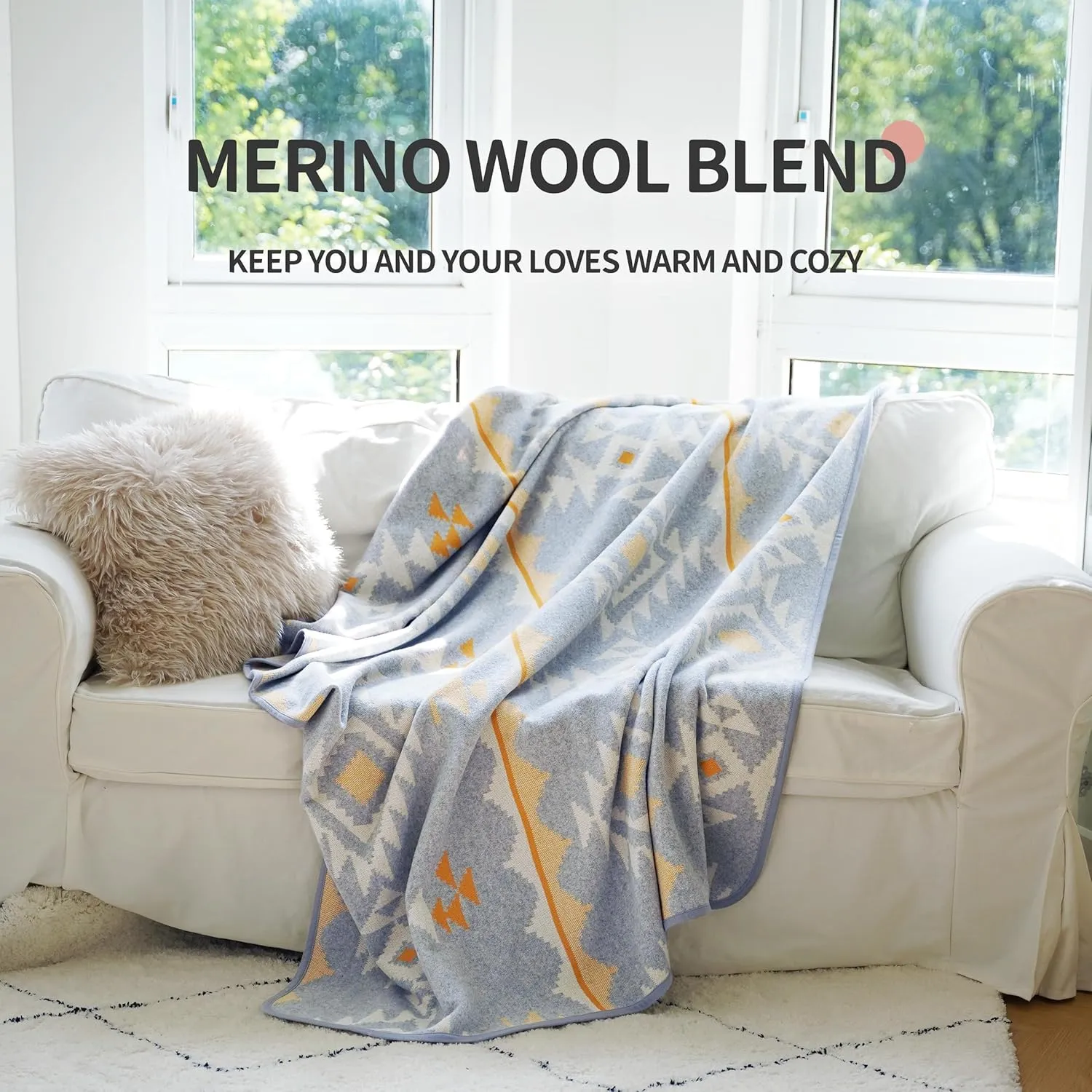 ACUSHLA Merino Wool Blend Blanket - Soft Warm Thick Washable Bed Couch Outdoor Camp Travel Car Blanket Throw All Weather, Morocco Grey 63" x 51"