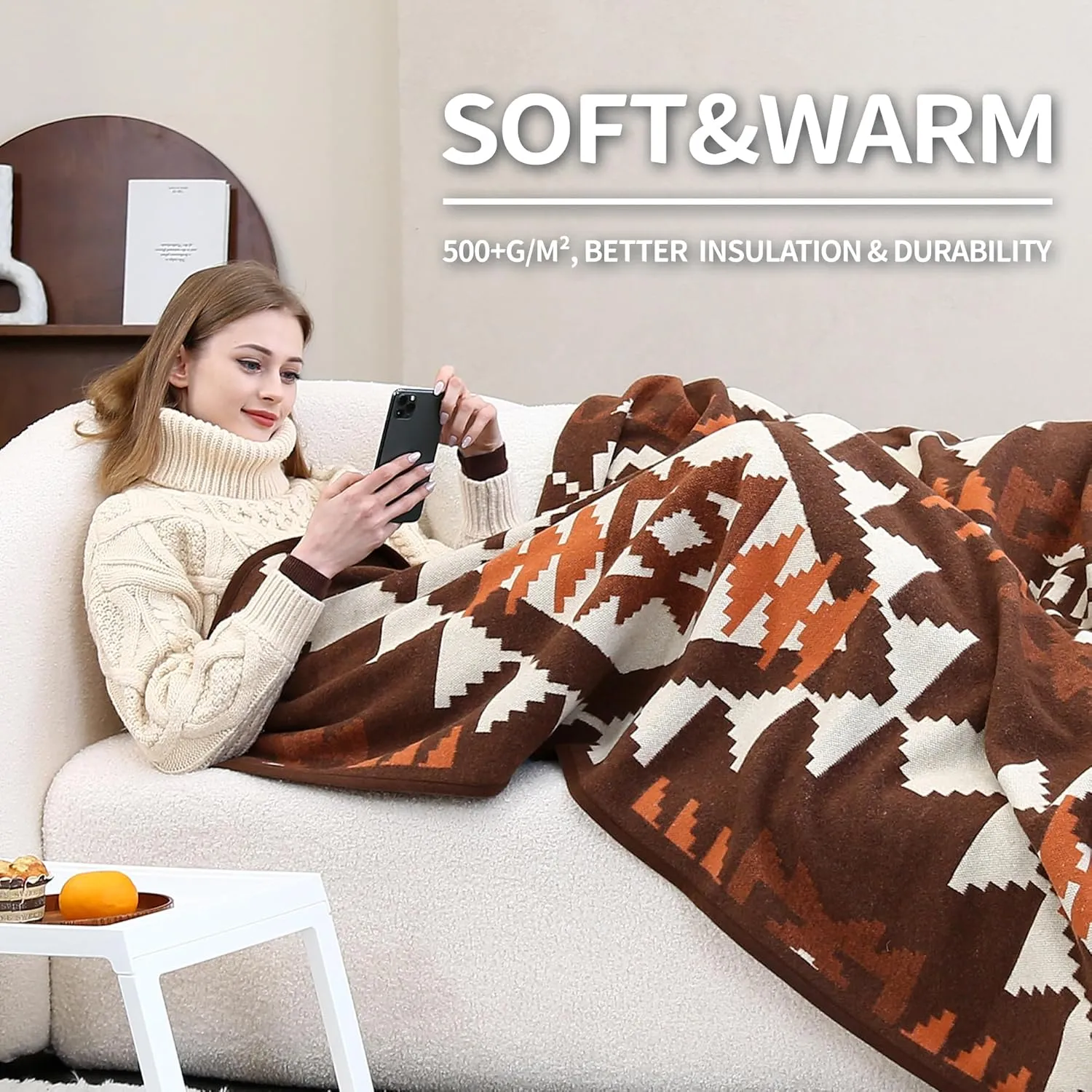 ACUSHLA Merino Wool Camp Blanket - Soft Warm Thick Washable Large Bed Couch Outdoor Camping Sleeping Travel Throw Blanket All Weather, Aztec Brown 79X63