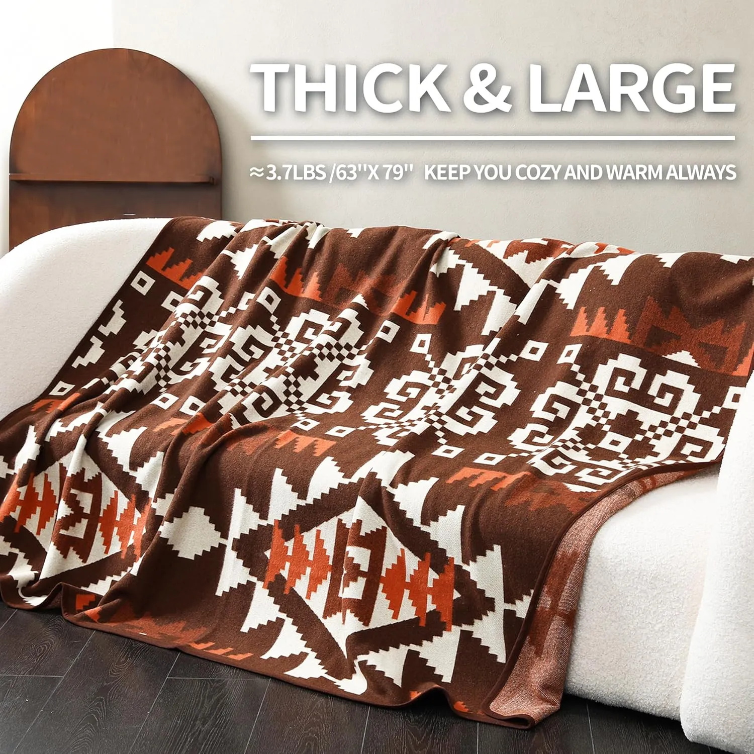 ACUSHLA Merino Wool Camp Blanket - Soft Warm Thick Washable Large Bed Couch Outdoor Camping Sleeping Travel Throw Blanket All Weather, Aztec Brown 79X63