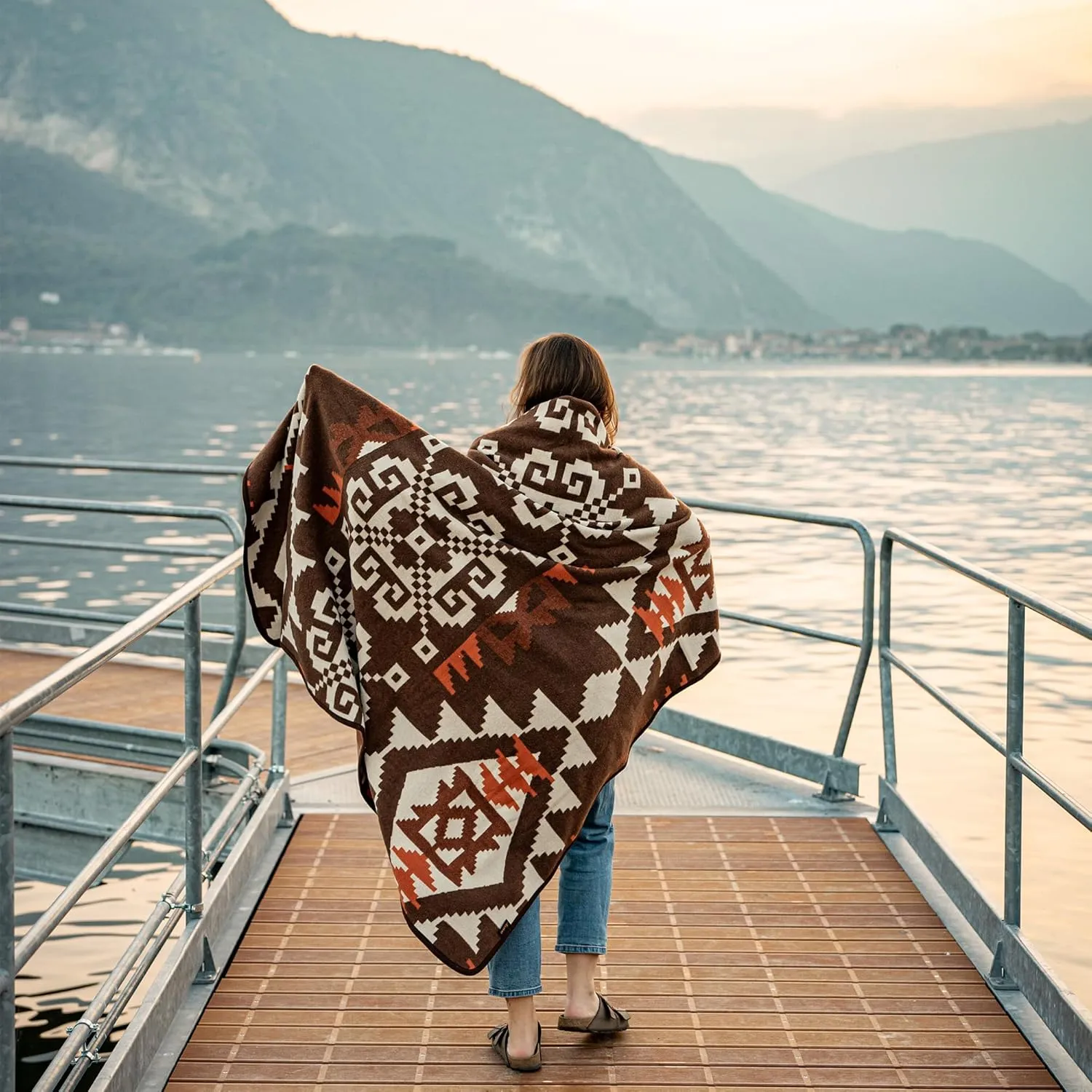 ACUSHLA Merino Wool Camp Blanket - Soft Warm Thick Washable Large Bed Couch Outdoor Camping Sleeping Travel Throw Blanket All Weather, Aztec Brown 79X63