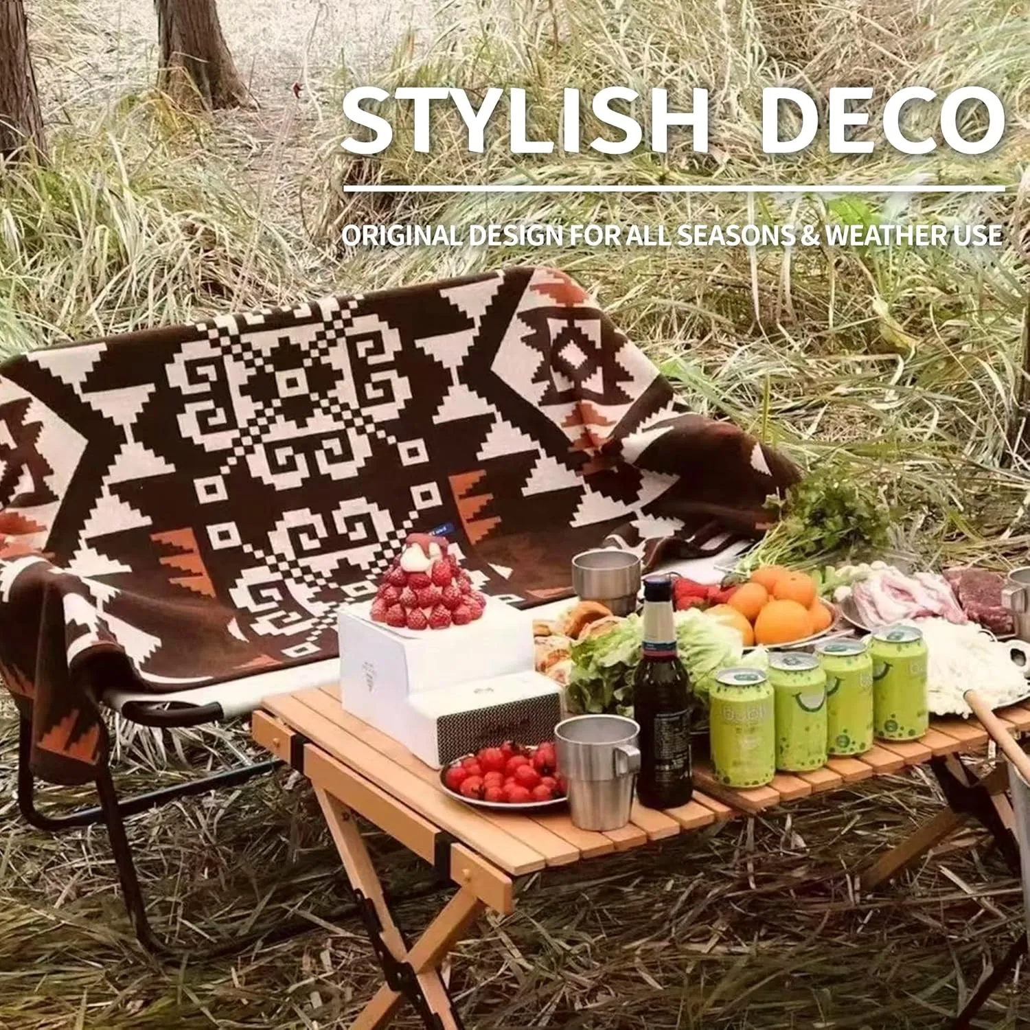 ACUSHLA Merino Wool Camp Blanket - Soft Warm Thick Washable Large Bed Couch Outdoor Camping Sleeping Travel Throw Blanket All Weather, Aztec Brown 79X63