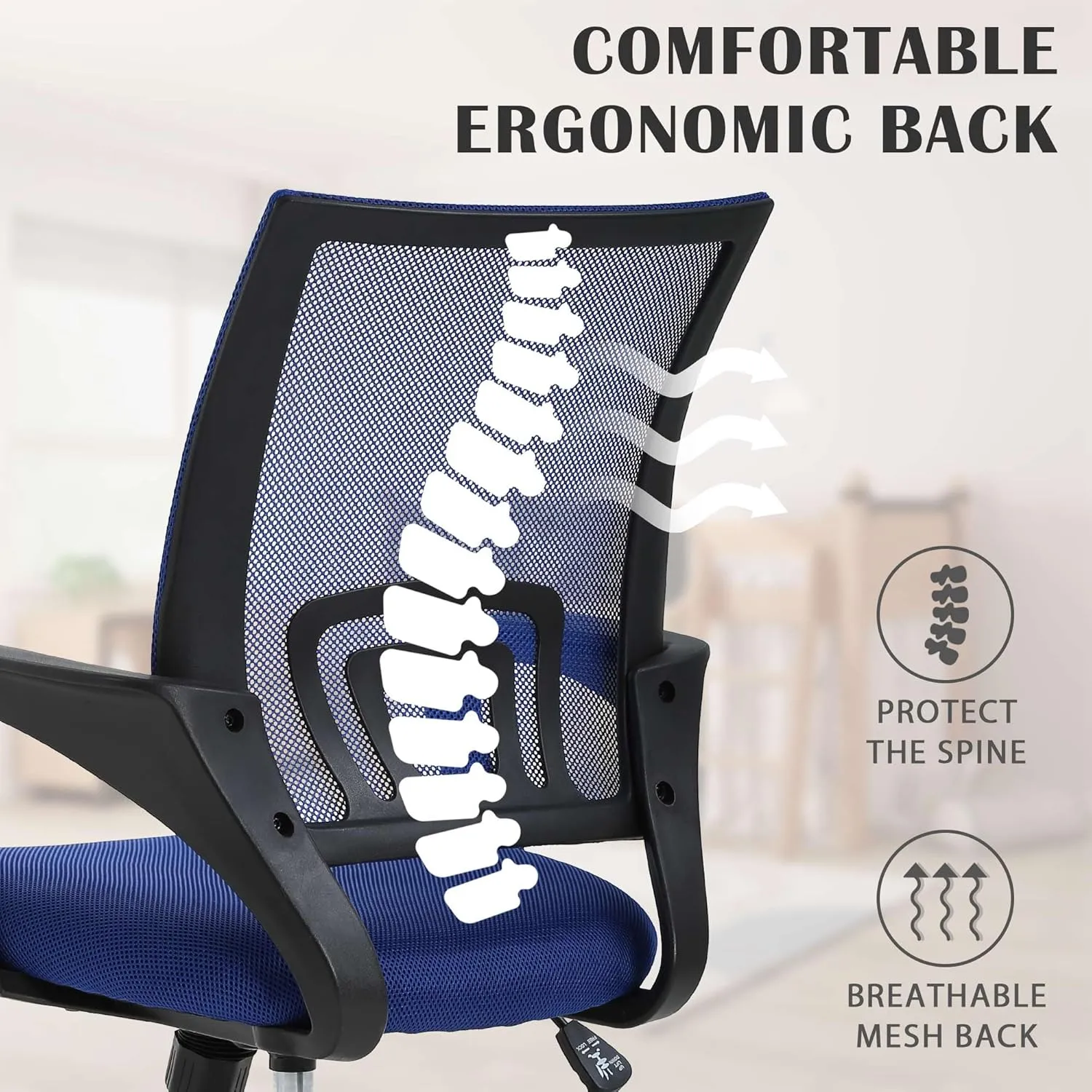 Adjustable Computer Chair With Lumbar Support, Breathable Mesh Backrest for Home Office, Student, Adults, Study, Dorm - Small Desk Chair, Blue