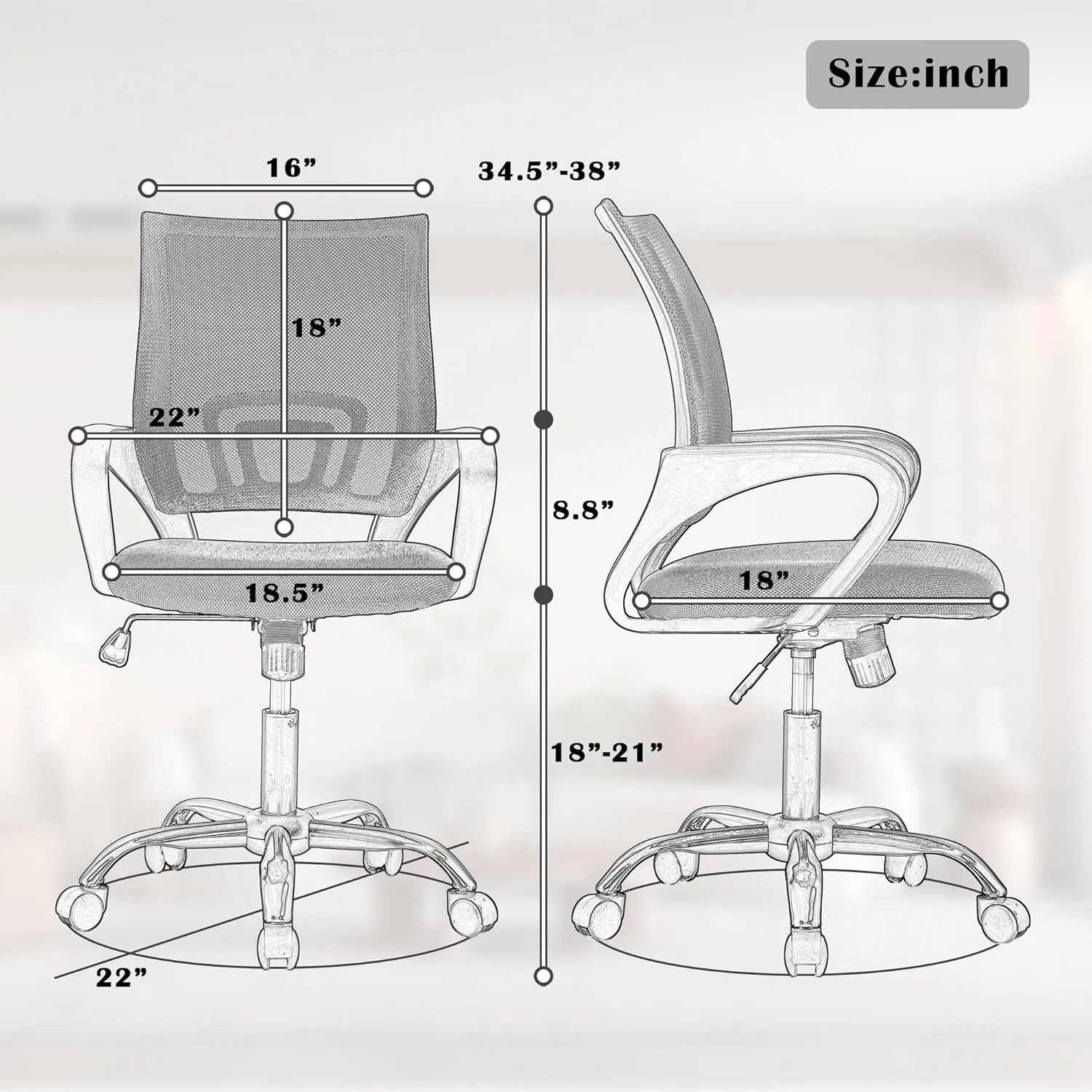 Adjustable Computer Chair With Lumbar Support, Breathable Mesh Backrest for Home Office, Student, Adults, Study, Dorm - Small Desk Chair, Blue