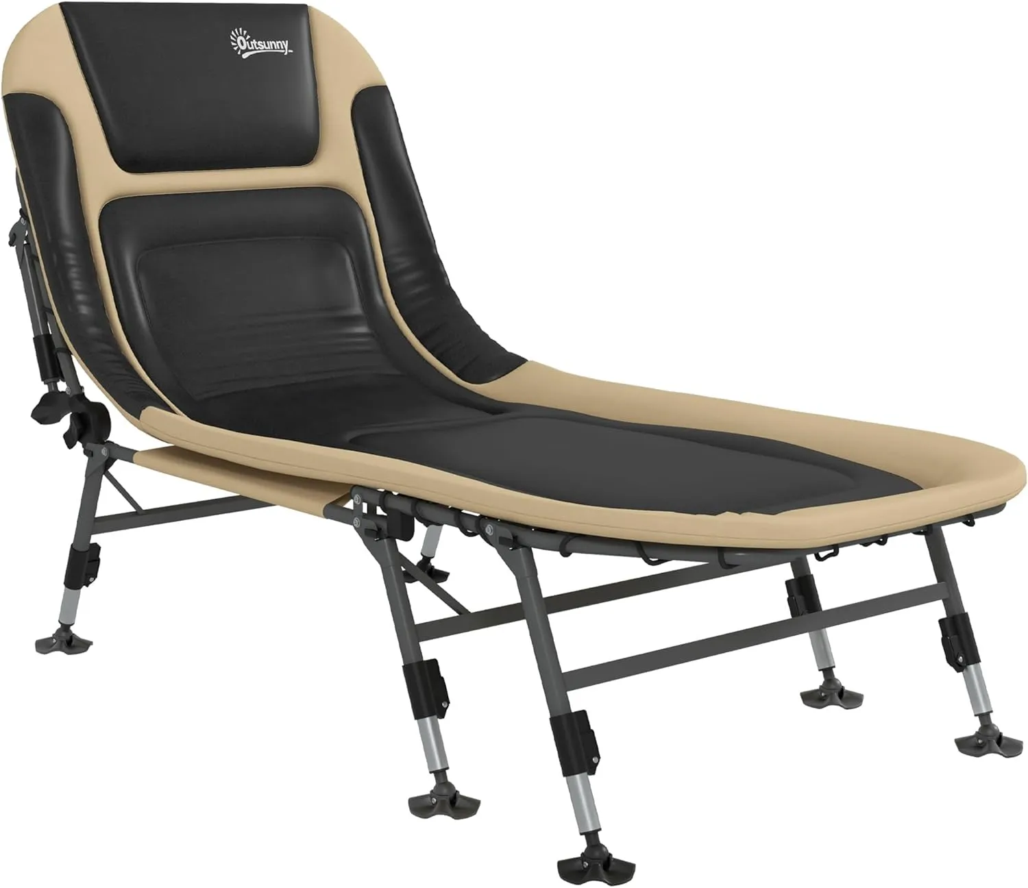 Adults Camping Cot, Folding Bed, 180° Adjustable Reclining Lounger, with Headrest & Cushions, Heavy Duty, Portable, Cream White