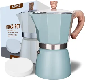 AGOGO Milano Moka pot, Stovetop Espresso maker, Greca Coffee Maker, Stovetop coffee maker and espresso maker percolator With Paper Filter 6 Cup Lake Blue