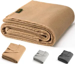 All-Season Merino Wool Camping Blanket Machine Washable Great for Outdoors, Picnics, Car Travel, Survival, Emergency, Large Size 62''x 86'', Leightweight 3.66lb,72% Merino, Camel