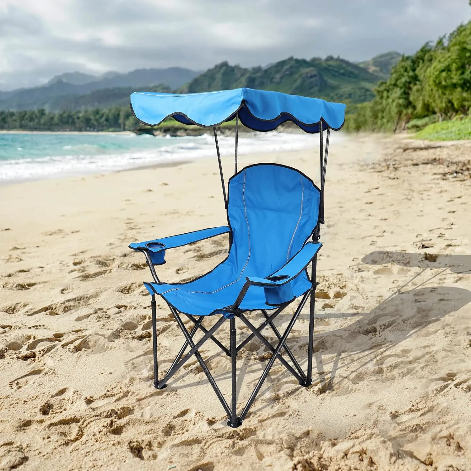 ALPHA CAMP Camp Chair with Shade Canopy Folding Camping Recliner Chair with Carry Bag for Outdoor Camping Hiking Beach, Heavy Duty 330 LBS, Light Blue