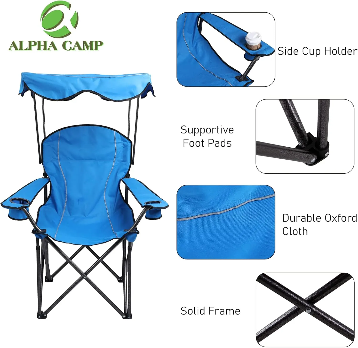 ALPHA CAMP Camp Chair with Shade Canopy Folding Camping Recliner Chair with Carry Bag for Outdoor Camping Hiking Beach, Heavy Duty 330 LBS, Light Blue