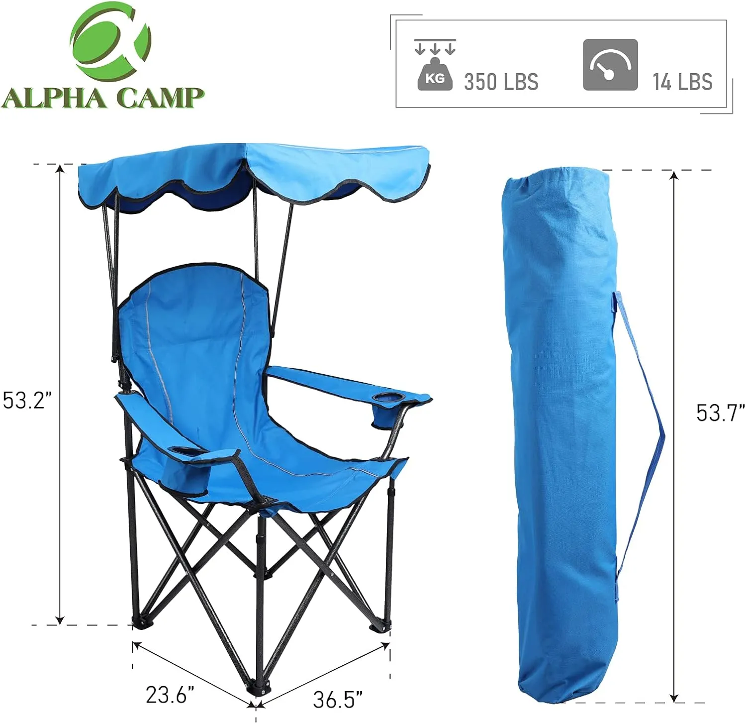 ALPHA CAMP Camp Chair with Shade Canopy Folding Camping Recliner Chair with Carry Bag for Outdoor Camping Hiking Beach, Heavy Duty 330 LBS, Light Blue