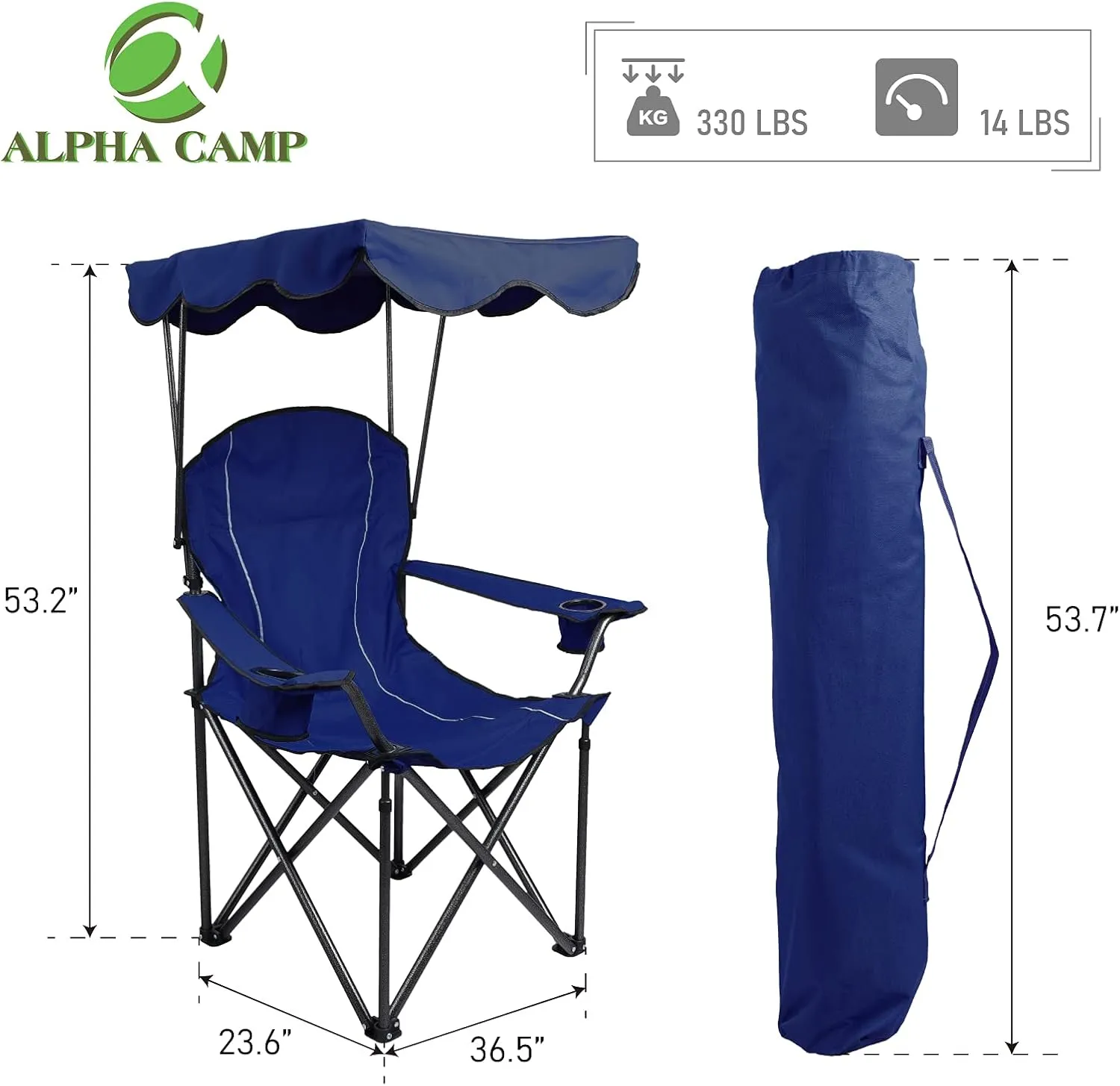 ALPHA CAMP Camp Chair with Shade Canopy Folding Camping Recliner Chair with Carry Bag for Outdoor Camping Hiking Beach, Heavy Duty 330 LBS, Navy