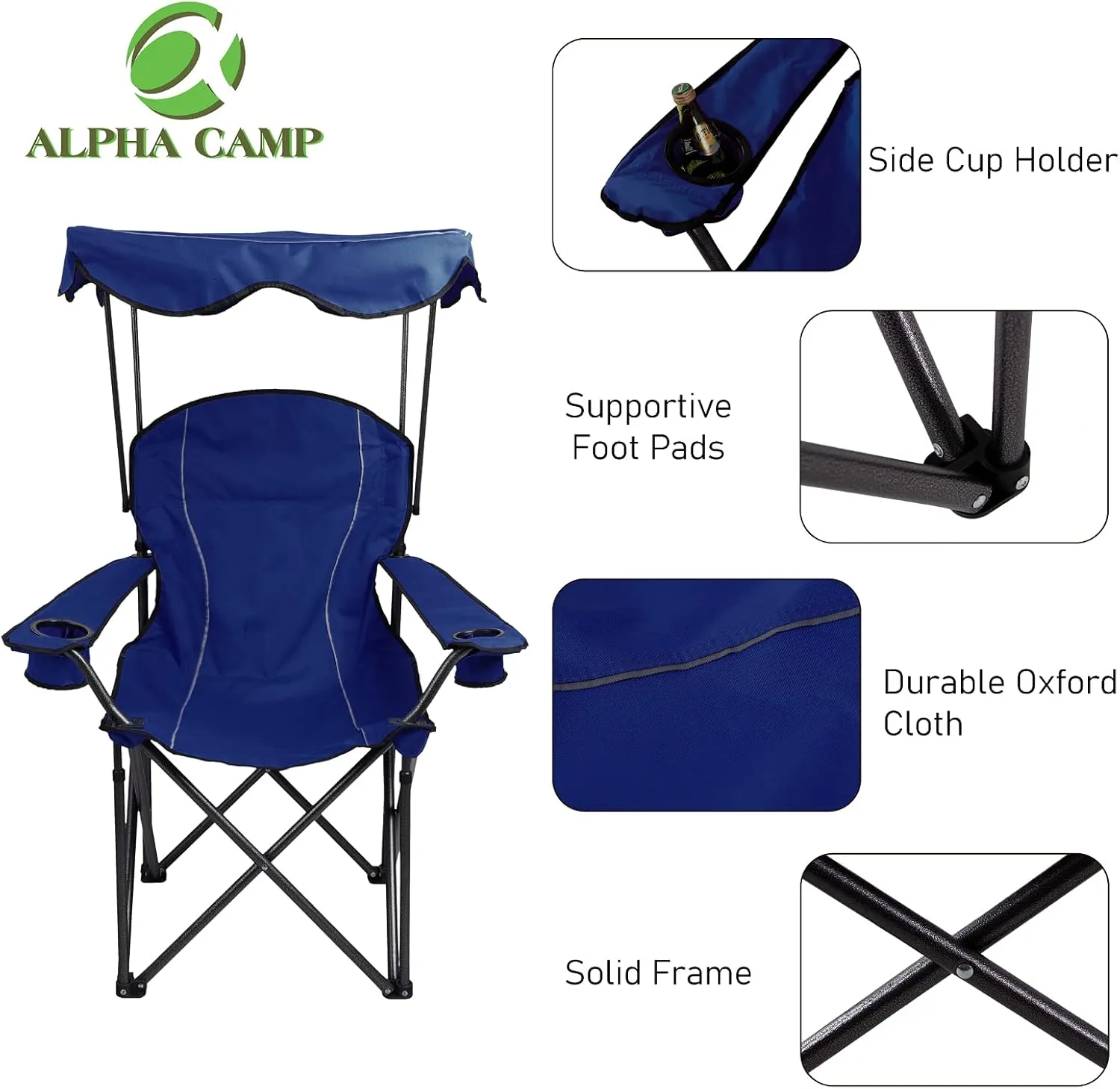 ALPHA CAMP Camp Chair with Shade Canopy Folding Camping Recliner Chair with Carry Bag for Outdoor Camping Hiking Beach, Heavy Duty 330 LBS, Navy