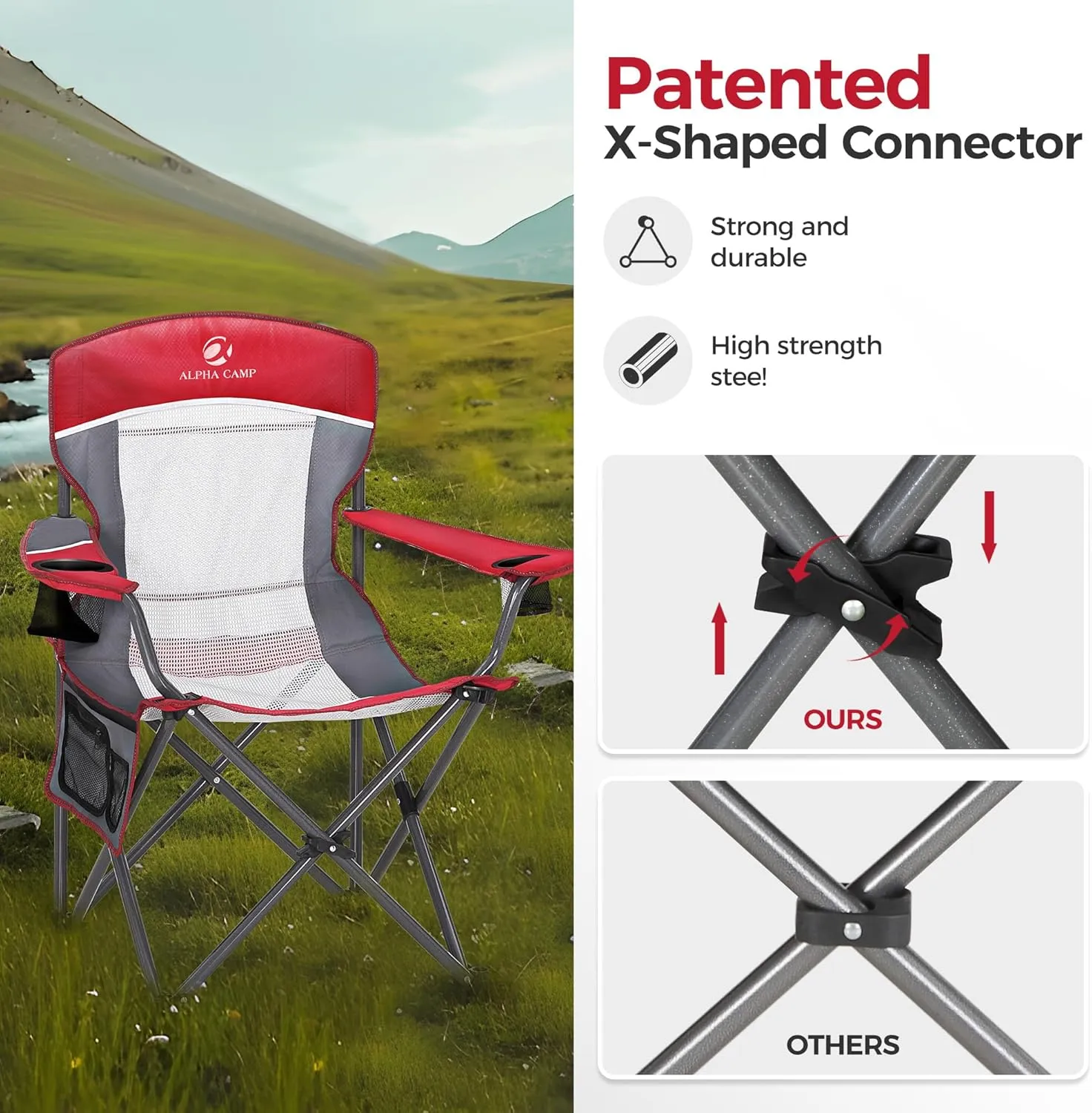 ALPHA CAMP Oversized Mesh Back Camping Folding Chair Heavy Duty Support 350 LBS Collapsible Steel Frame Quad Chair Padded Arm Chair with Cup Holder Portable for Outdoor (Red/Grey)