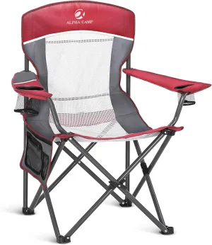 ALPHA CAMP Oversized Mesh Back Camping Folding Chair Heavy Duty Support 350 LBS Collapsible Steel Frame Quad Chair Padded Arm Chair with Cup Holder Portable for Outdoor (Red/Grey)