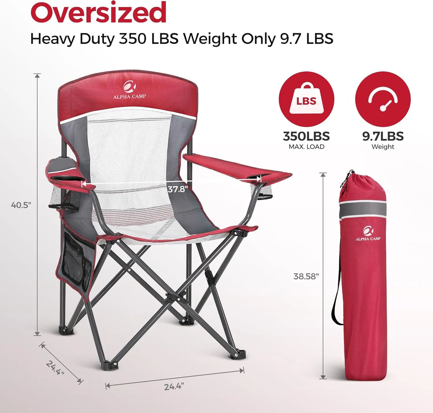 ALPHA CAMP Oversized Mesh Back Camping Folding Chair Heavy Duty Support 350 LBS Collapsible Steel Frame Quad Chair Padded Arm Chair with Cup Holder Portable for Outdoor (Red/Grey)