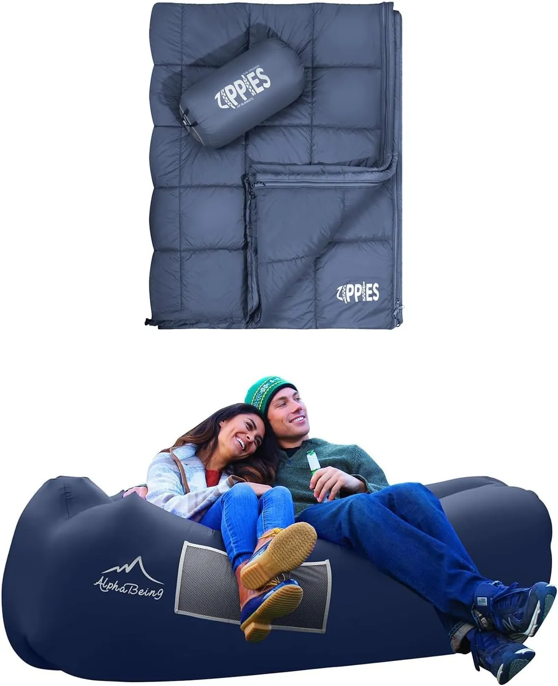 AlphaBeing Inflatable Lounger NAVY and ZIPPIES 3M Thinsulate Insulation Puffy Camping Blankets