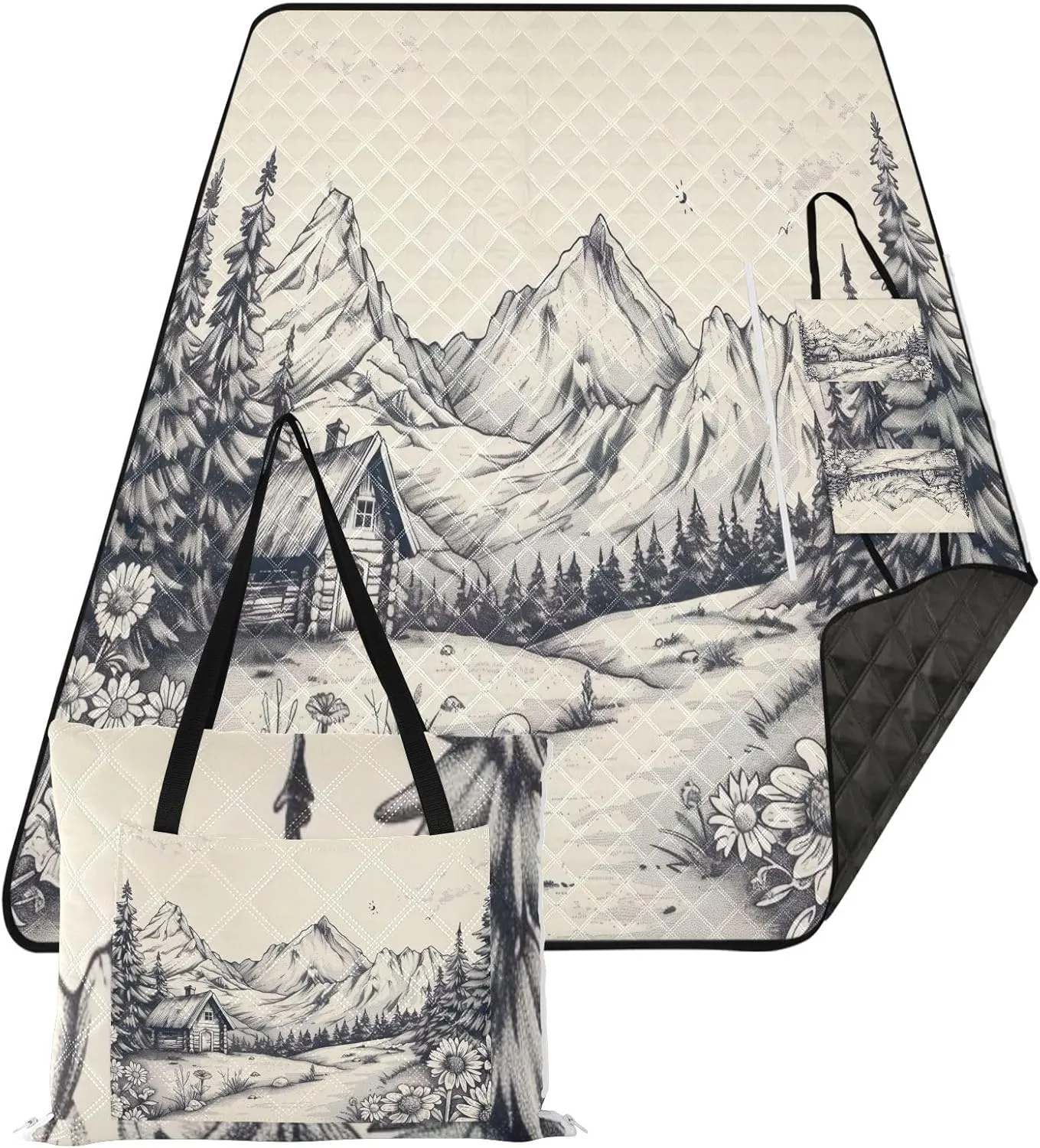 Alpine Landscape Picnic Blanket, Waterproof & Sandproof Beach Mat, Large Outdoor Blanket Folds Into Tote Bag（302）