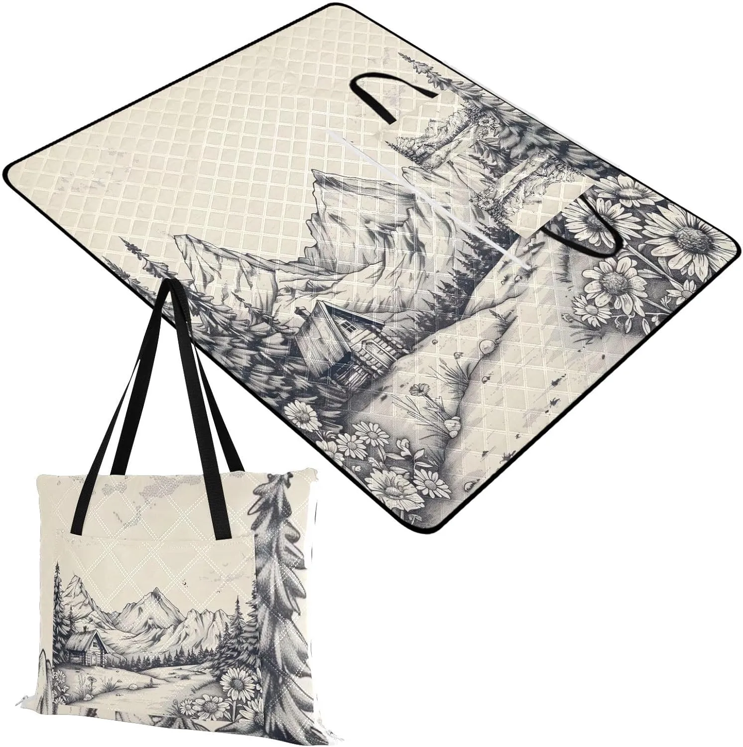 Alpine Landscape Picnic Blanket, Waterproof & Sandproof Beach Mat, Large Outdoor Blanket Folds Into Tote Bag（302）