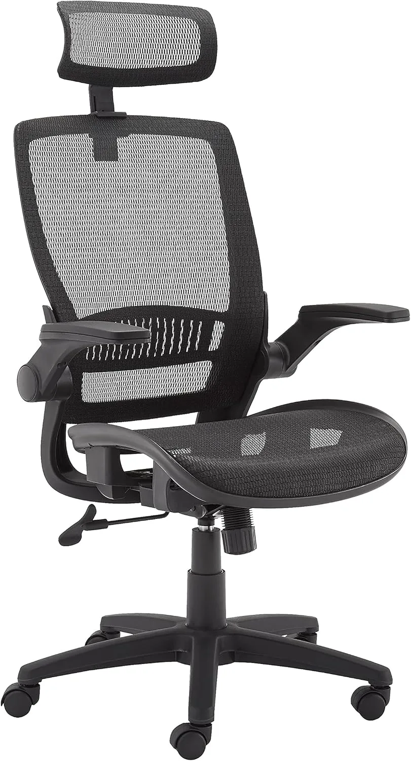 Amazon Basics Ergonomic High-Back Desk Chair, Comfortable Flip-Up Armrests, Contoured Mesh Seat, Swivel, Black, 25.5"D x 26.25"W x 49.25"H