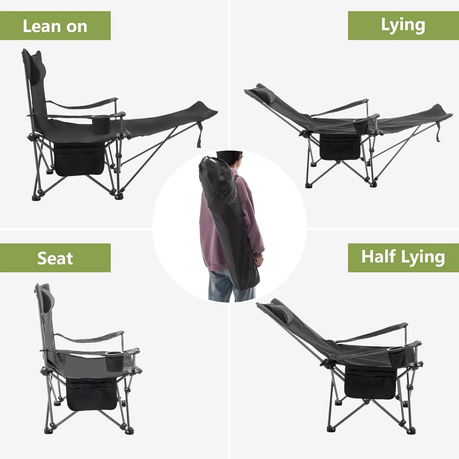 Andeworld Reclining Camping Chair Set of 2 with Removable Footrest,Portable Adjustable Folding Camping Lounge Chair with Headrest Cup Holder Storage Bag for Fishing,Camp,Picnics,Beach,Lawn,Black