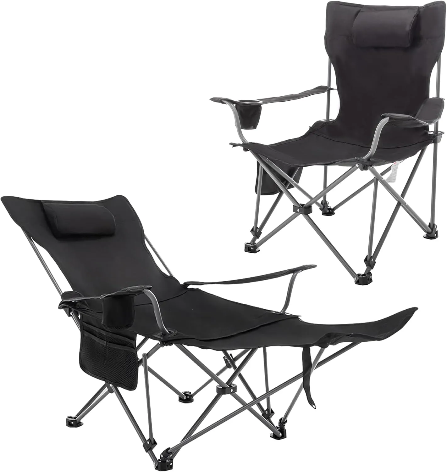 Andeworld Reclining Camping Chair Set of 2 with Removable Footrest,Portable Adjustable Folding Camping Lounge Chair with Headrest Cup Holder Storage Bag for Fishing,Camp,Picnics,Beach,Lawn,Black