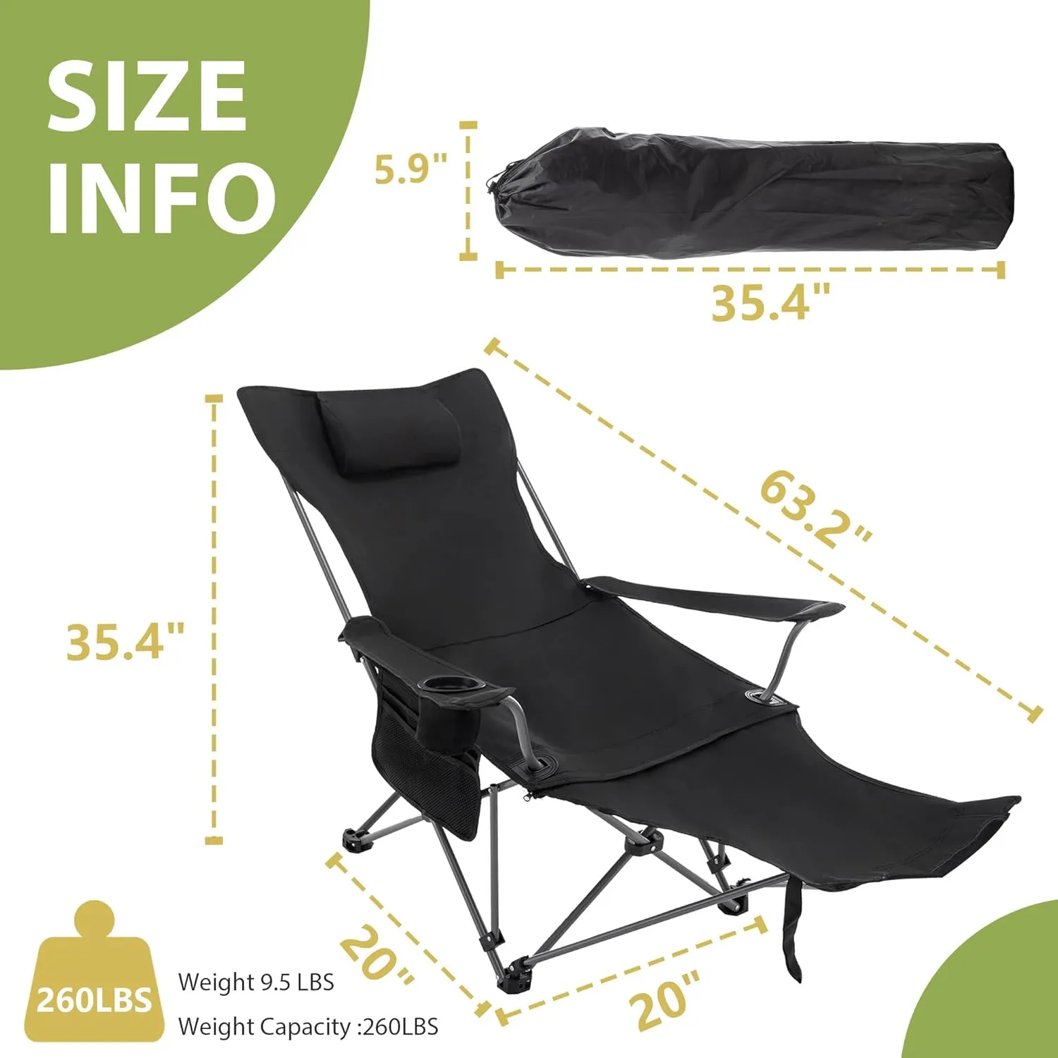 Andeworld Reclining Camping Chair Set of 2 with Removable Footrest,Portable Adjustable Folding Camping Lounge Chair with Headrest Cup Holder Storage Bag for Fishing,Camp,Picnics,Beach,Lawn,Black