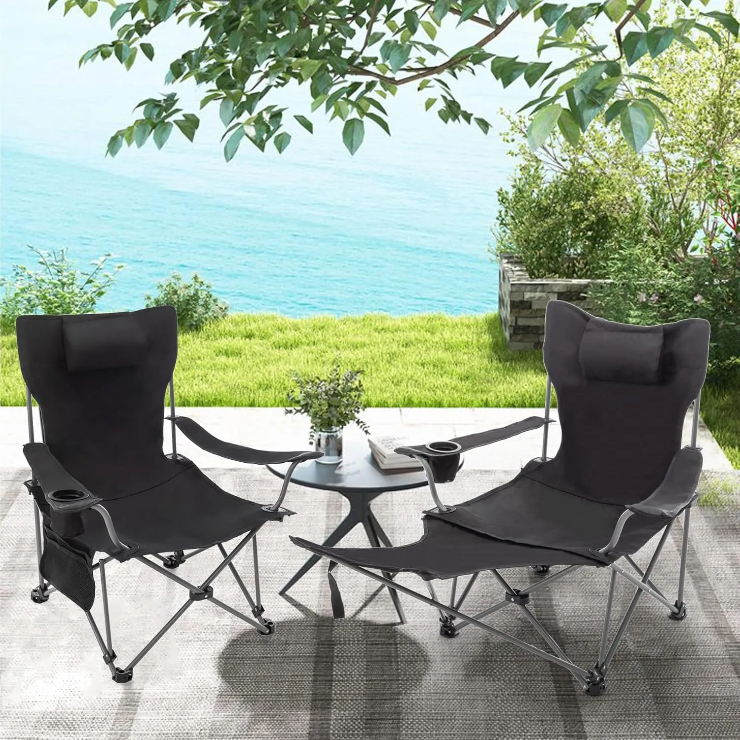 Andeworld Reclining Camping Chair Set of 2 with Removable Footrest,Portable Adjustable Folding Camping Lounge Chair with Headrest Cup Holder Storage Bag for Fishing,Camp,Picnics,Beach,Lawn,Black