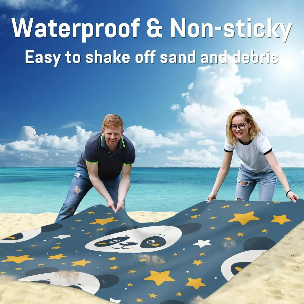 Animal Panda Beach Blanket, Sandproof Beach Mat, 68 x 59 Waterproof Quick Drying Sand Free Mat with 4 x Ground Spikes for Outdoor Travel Camping Hiking, Cute Panda