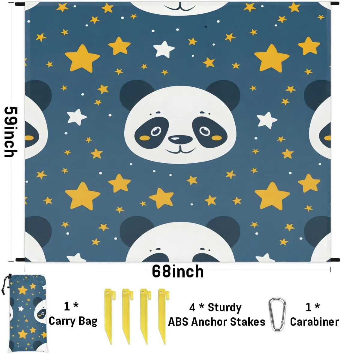 Animal Panda Beach Blanket, Sandproof Beach Mat, 68 x 59 Waterproof Quick Drying Sand Free Mat with 4 x Ground Spikes for Outdoor Travel Camping Hiking, Cute Panda