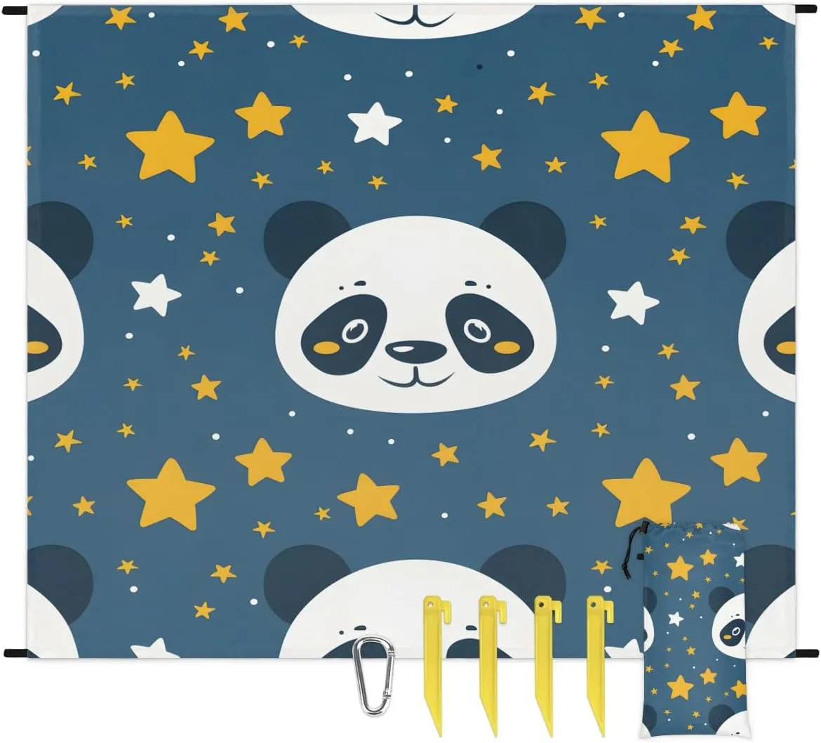 Animal Panda Beach Blanket, Sandproof Beach Mat, 68 x 59 Waterproof Quick Drying Sand Free Mat with 4 x Ground Spikes for Outdoor Travel Camping Hiking, Cute Panda