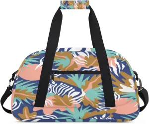 Animal Zebra Gym Duffel Bag for Men Women Palm Leaf Sports Tote Bag with Adjustable Shoulder Strap for Dance Gymnastics Traveling Outdoor Camping Overnight Stay