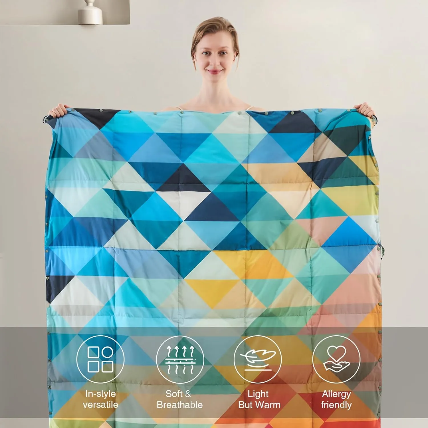 APSMILE Mosaic Print Down Throw Blanket | Indoor/Outdoor Extra Fluffy & Warm Packable Down Feather Fibers Blanket with Snap Buttons for Bed, Couch, Sofa, Travel, Camping, 50x70 Inches