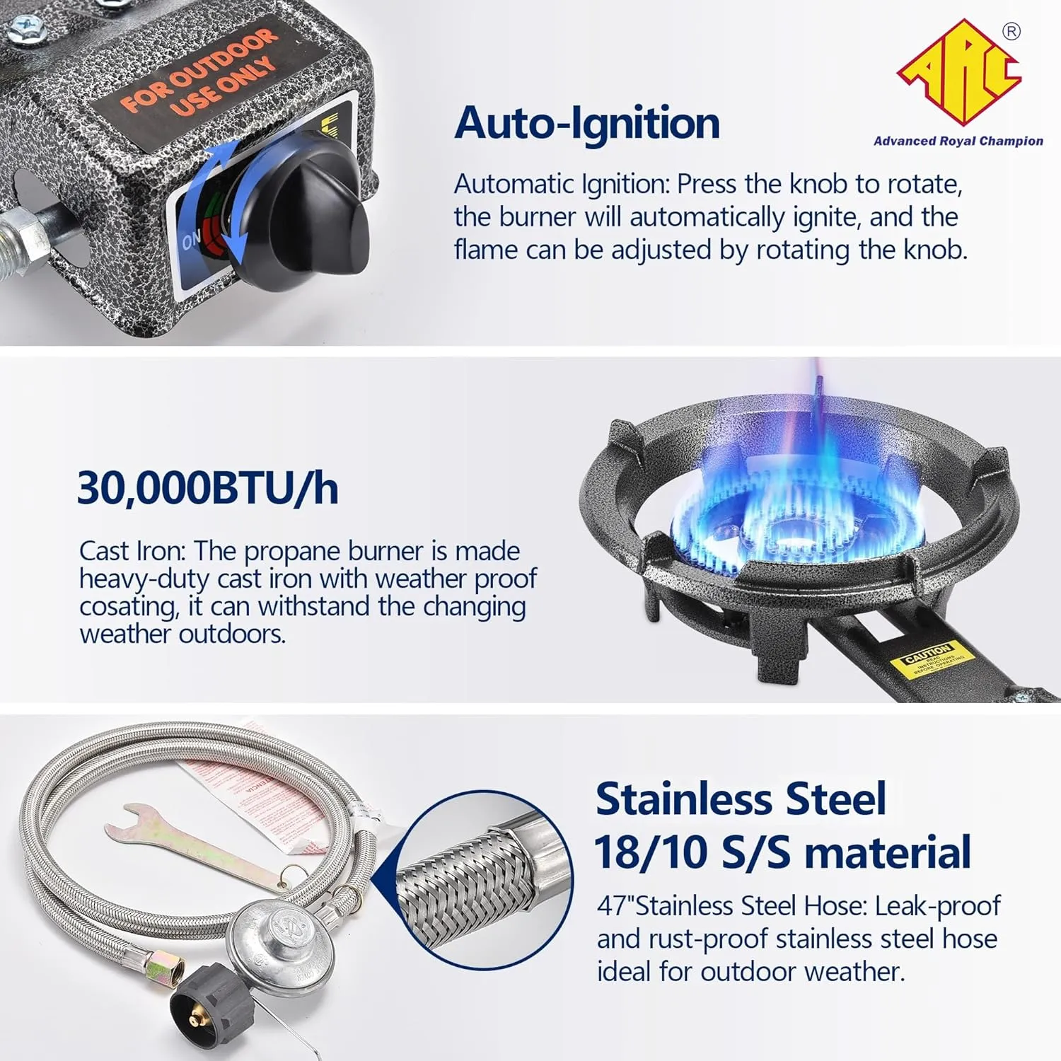 ARC Outdoor Propane Burner Stove, 13" Single Propane Burner, Cast Iron Portable Propane Burner With Adjustable Regulator And Stainless Steel Hose, Great For Outdoor Wok Burner