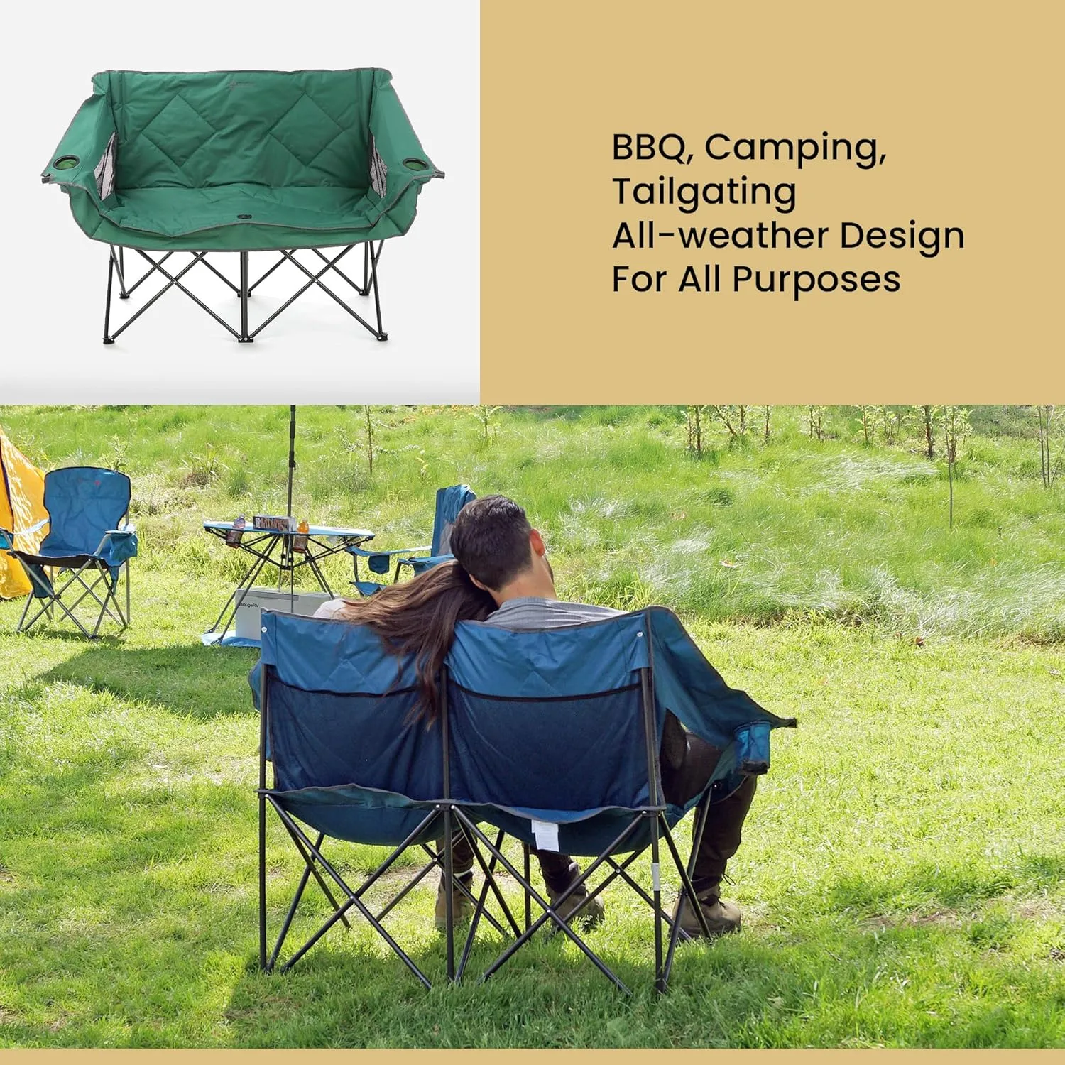 ARROWHEAD OUTDOOR Portable Folding Double Duo Camping Chair Loveseat w/ 2 Cup & Wine Glass Holder, Heavy-Duty Carrying Bag, Padded Seats & Armrests, Supports up to 650lbs, USA-Based Support