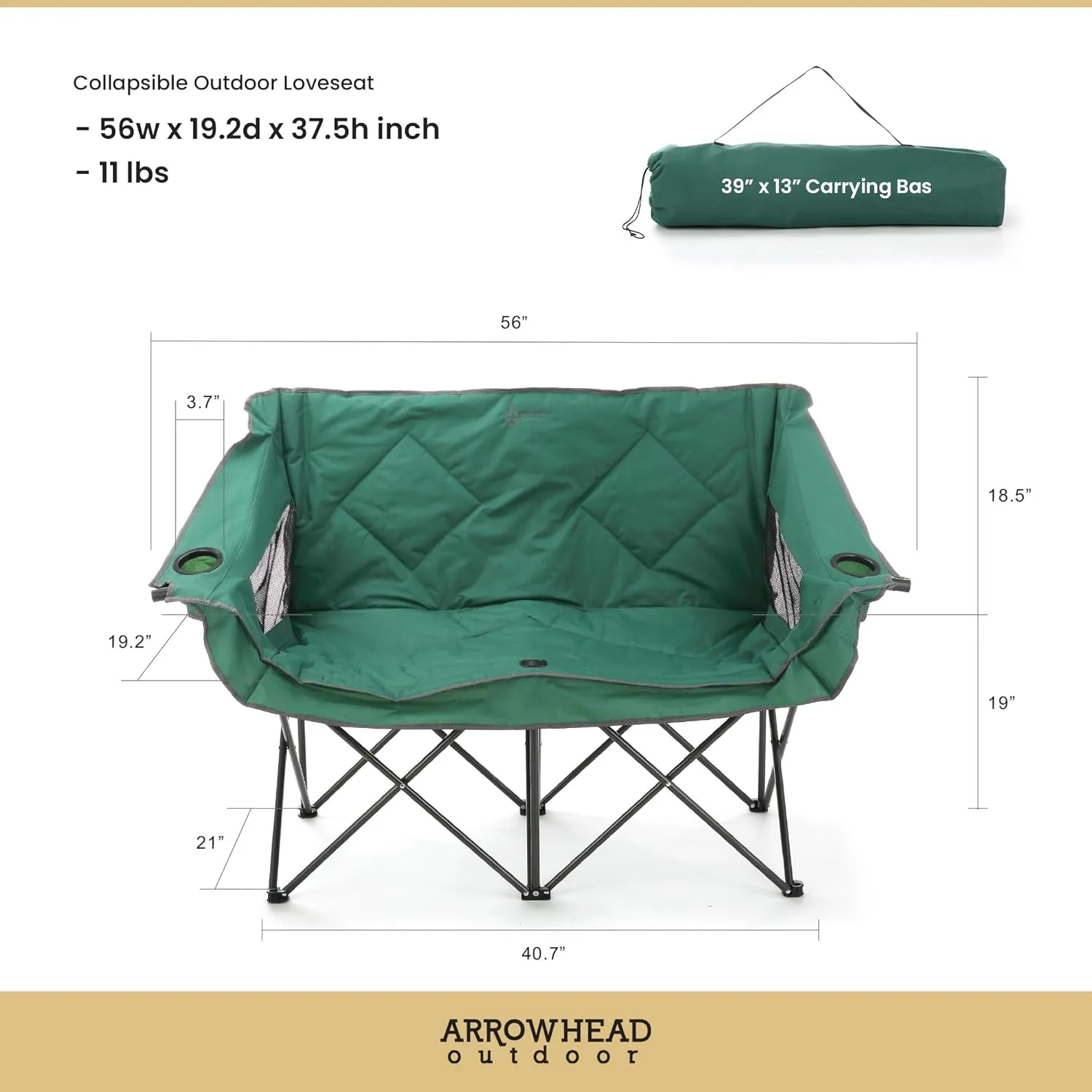ARROWHEAD OUTDOOR Portable Folding Double Duo Camping Chair Loveseat w/ 2 Cup & Wine Glass Holder, Heavy-Duty Carrying Bag, Padded Seats & Armrests, Supports up to 650lbs, USA-Based Support