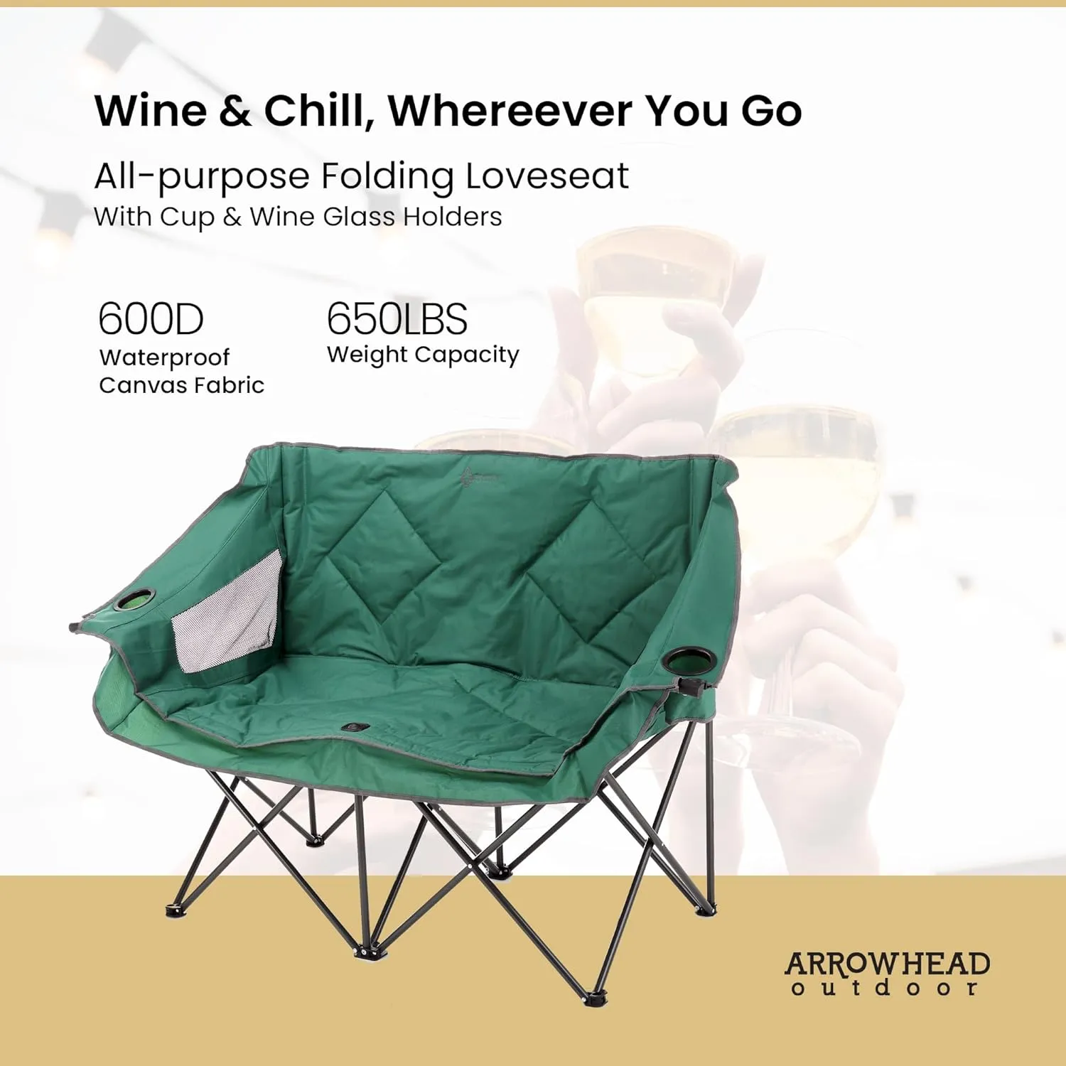 ARROWHEAD OUTDOOR Portable Folding Double Duo Camping Chair Loveseat w/ 2 Cup & Wine Glass Holder, Heavy-Duty Carrying Bag, Padded Seats & Armrests, Supports up to 650lbs, USA-Based Support