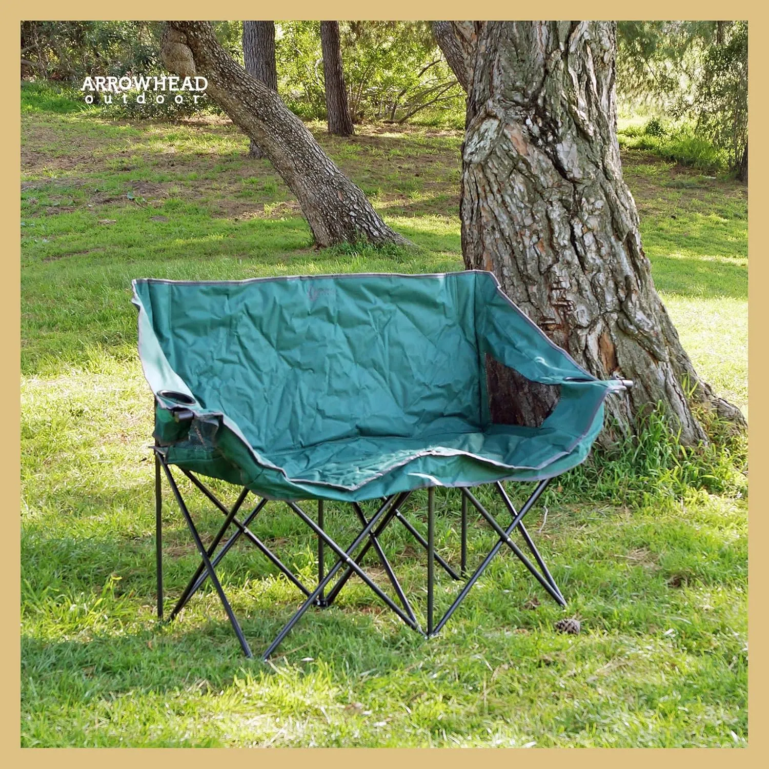 ARROWHEAD OUTDOOR Portable Folding Double Duo Camping Chair Loveseat w/ 2 Cup & Wine Glass Holder, Heavy-Duty Carrying Bag, Padded Seats & Armrests, Supports up to 650lbs, USA-Based Support