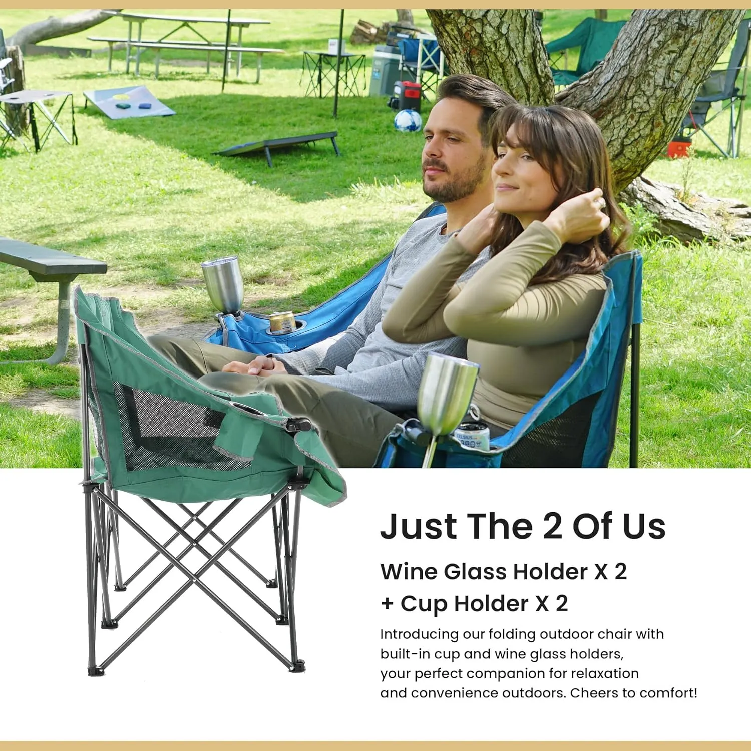 ARROWHEAD OUTDOOR Portable Folding Double Duo Camping Chair Loveseat w/ 2 Cup & Wine Glass Holder, Heavy-Duty Carrying Bag, Padded Seats & Armrests, Supports up to 650lbs, USA-Based Support