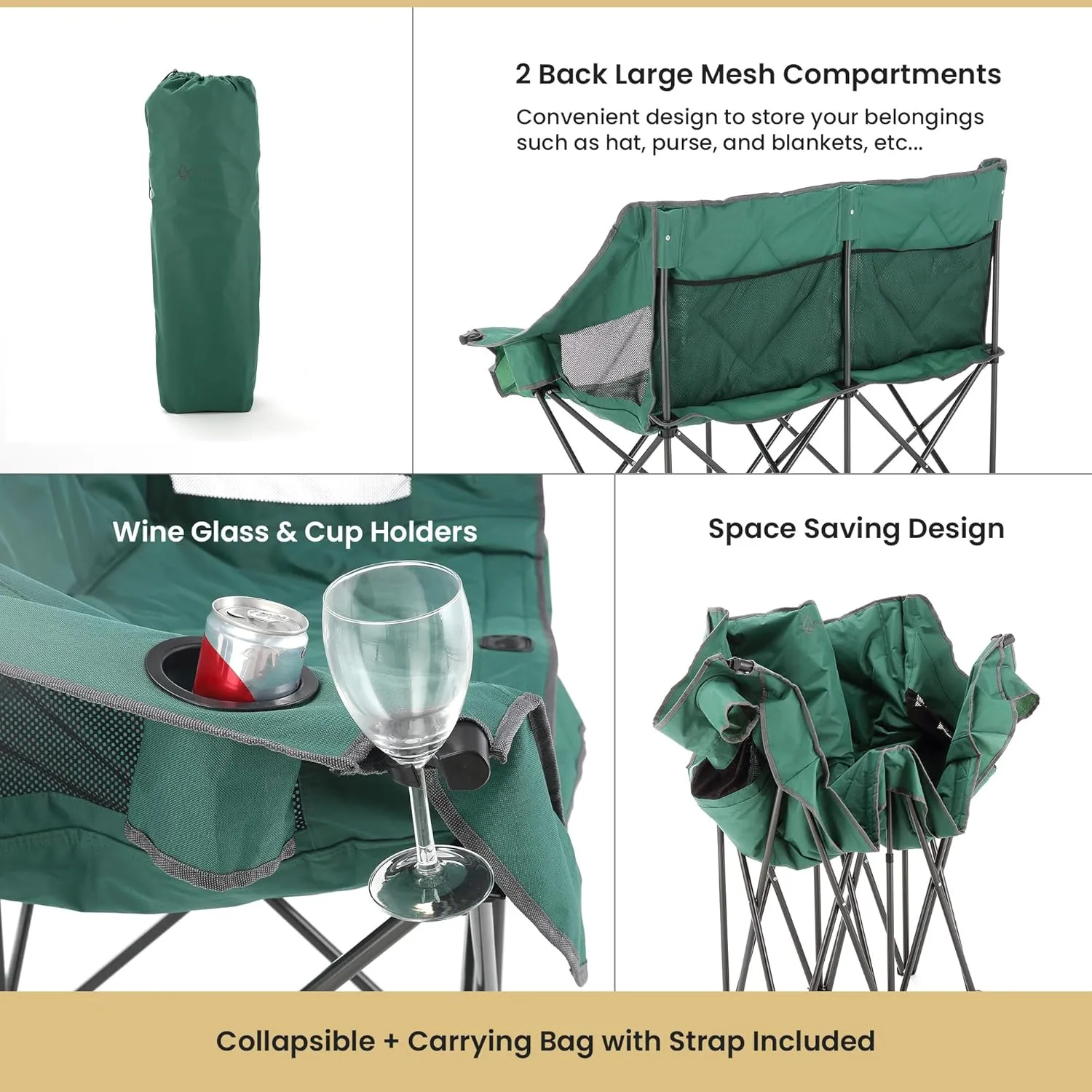 ARROWHEAD OUTDOOR Portable Folding Double Duo Camping Chair Loveseat w/ 2 Cup & Wine Glass Holder, Heavy-Duty Carrying Bag, Padded Seats & Armrests, Supports up to 650lbs, USA-Based Support