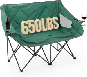 ARROWHEAD OUTDOOR Portable Folding Double Duo Camping Chair Loveseat w/ 2 Cup & Wine Glass Holder, Heavy-Duty Carrying Bag, Padded Seats & Armrests, Supports up to 650lbs, USA-Based Support