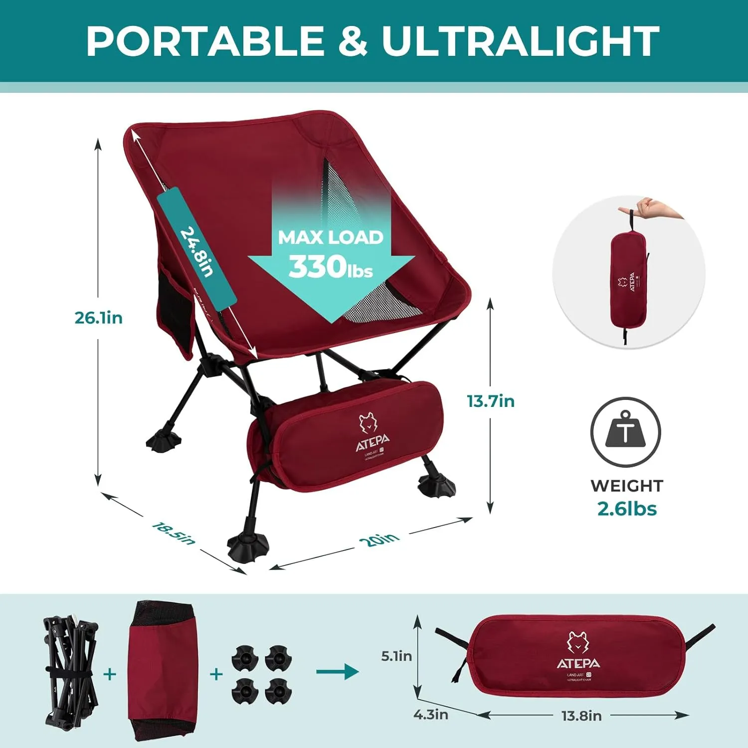 ATEPA Backpacking Chair, Ultralight Folding Portable Small Camping Chairs for Adults Compact Foldable Beach Seat with Anti-Sinking Feet & Aluminum Frame for Outdoor Hiking Travel Fishing