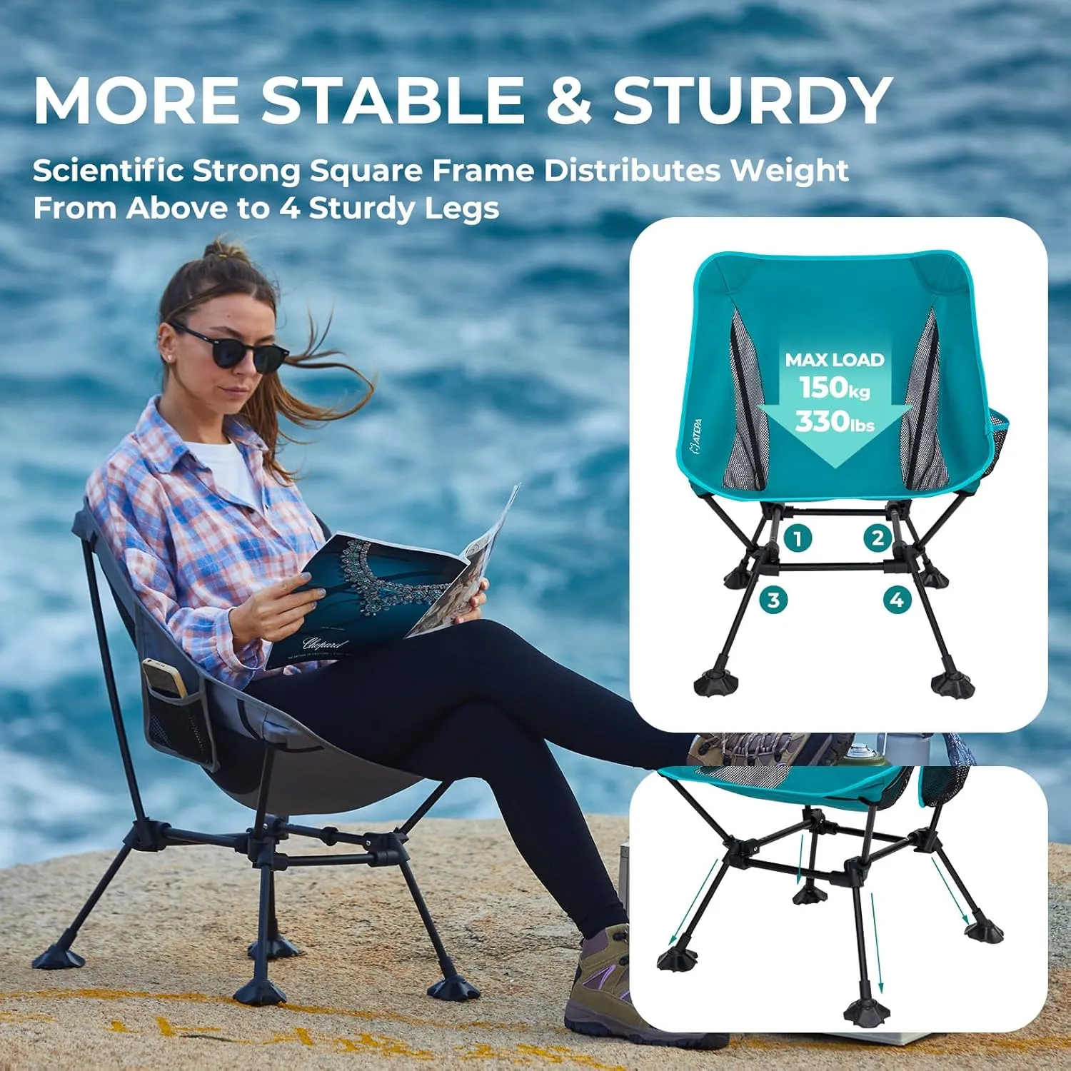 ATEPA Backpacking Chair, Ultralight Folding Portable Small Camping Chairs for Adults Compact Foldable Beach Seat with Anti-Sinking Feet & Aluminum Frame for Outdoor Hiking Travel Fishing