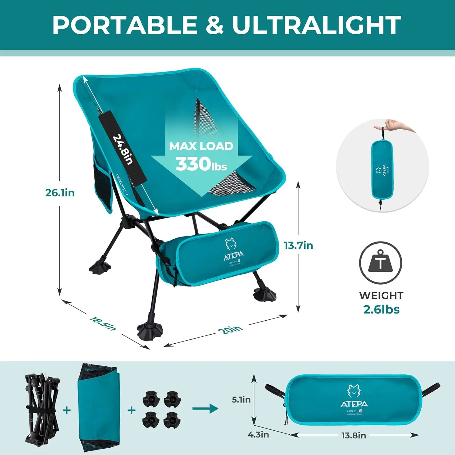 ATEPA Backpacking Chair, Ultralight Folding Portable Small Camping Chairs for Adults Compact Foldable Beach Seat with Anti-Sinking Feet & Aluminum Frame for Outdoor Hiking Travel Fishing