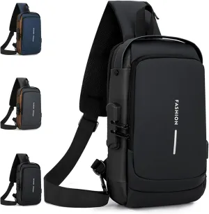 Auricz Sling Bag, 2025 New Carbon Fiber Streamline Anti-Theft Sling Bag with a Password Lock, USB Port Sport Chest Bag (Black)