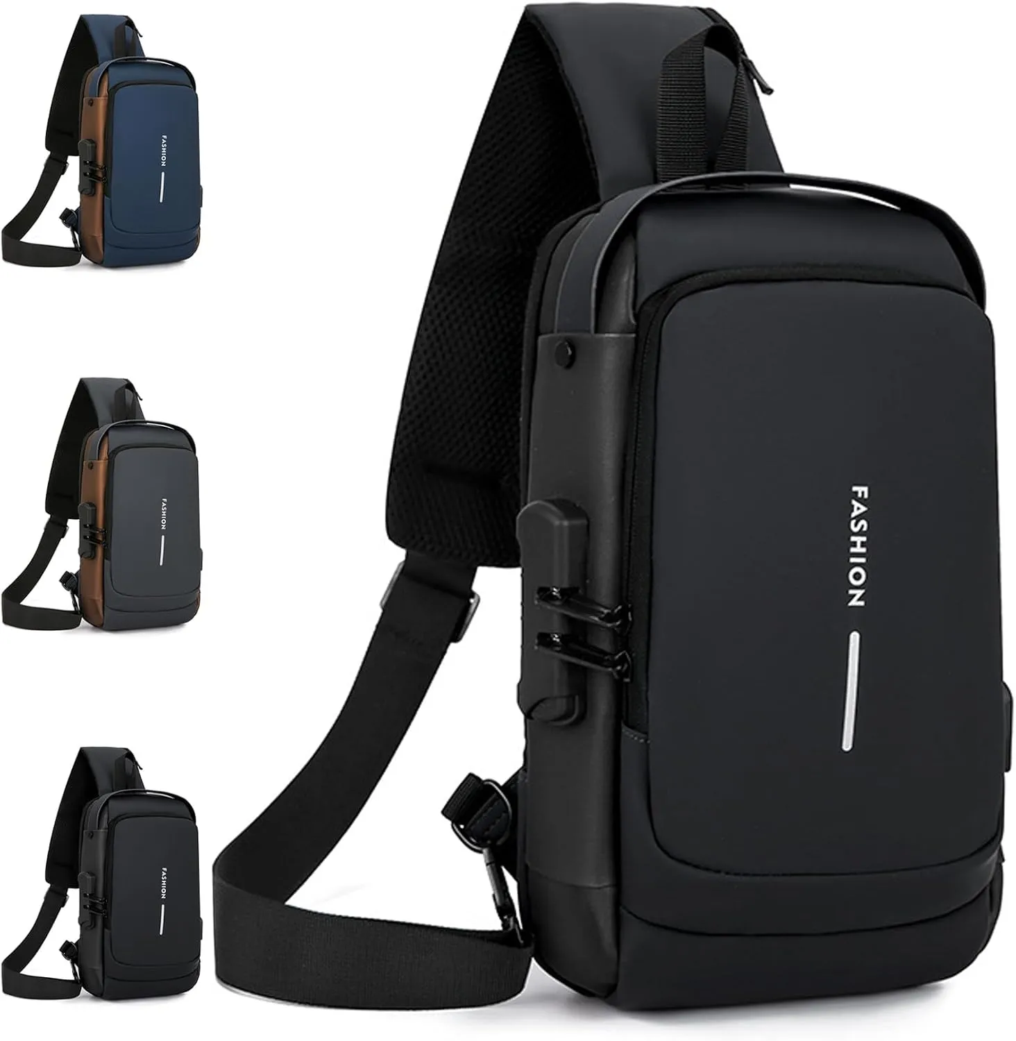 Auricz Sling Bag, 2025 New Carbon Fiber Streamline Anti-Theft Sling Bag with a Password Lock, USB Port Sport Chest Bag (Black)