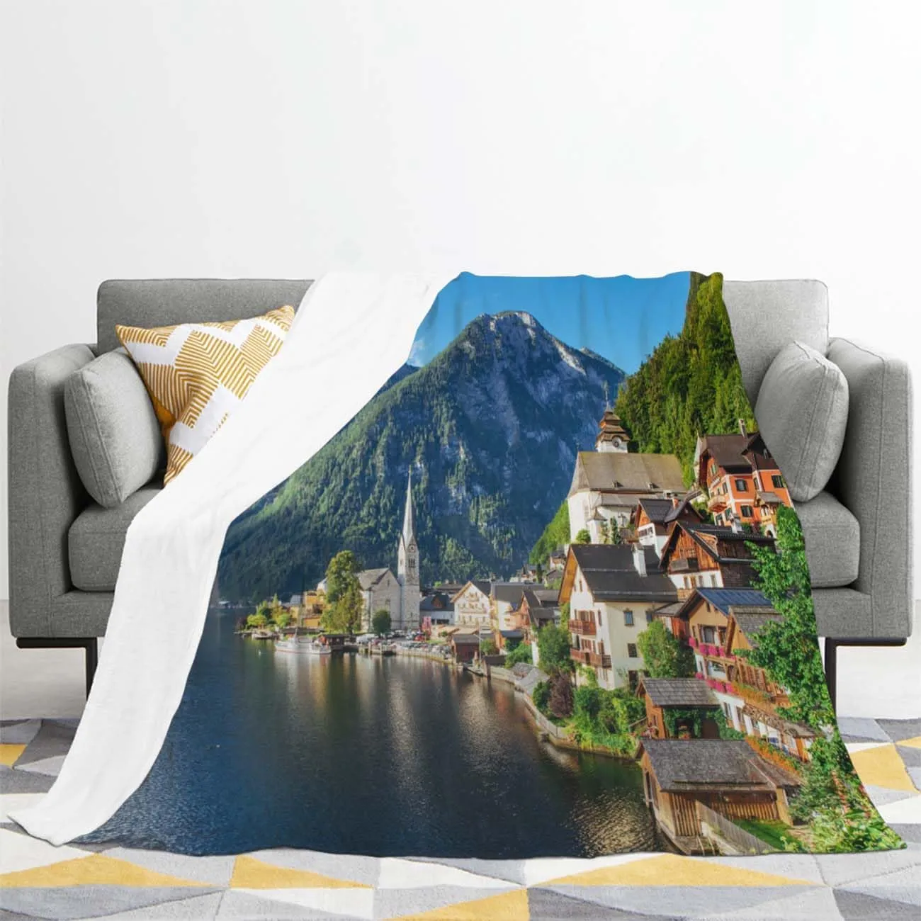 Austria Blankets Soft Lightweight Flannel Throw Blanket View from Height On Hallstatt Town Between The Mountains Austria Warm and Cozy Throws for Bedding,Couch,Sofa and Gift 60inx80in