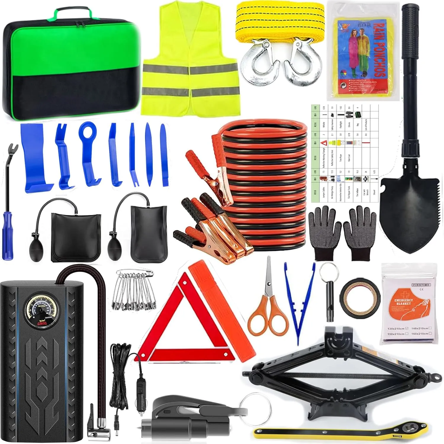 AUTODECO Car Emergency Roadside kit with Jumper Cables Air Wedge Bag Pump