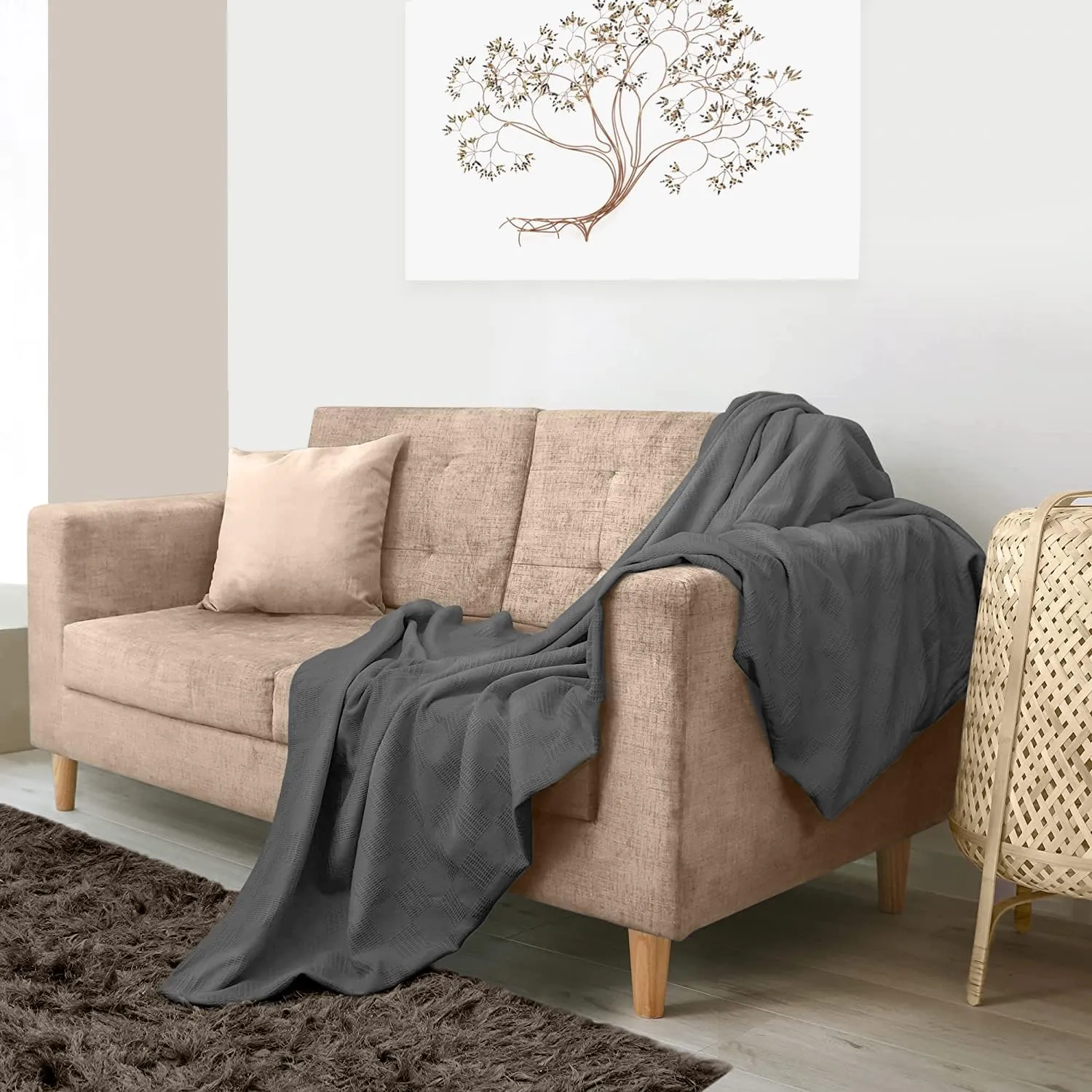 Avalon Bedding 100% Cotton King Size Thermal Blanket (108"x90") - Perfect Cotton Blanket for Layering Bed in Any Season - Grey