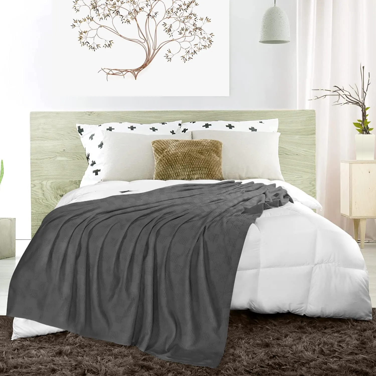 Avalon Bedding 100% Cotton King Size Thermal Blanket (108"x90") - Perfect Cotton Blanket for Layering Bed in Any Season - Grey