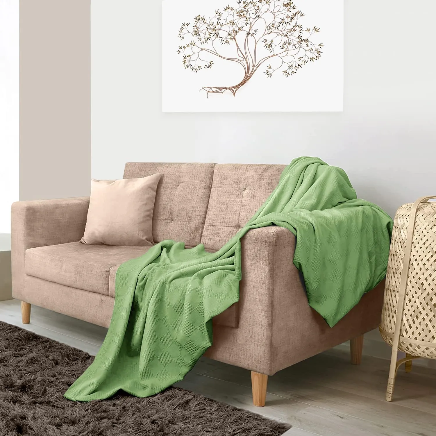 Avalon Bedding 100% Cotton King Size Thermal Blanket (108"x90") - Perfect Layering Blanket for Any Season - Green