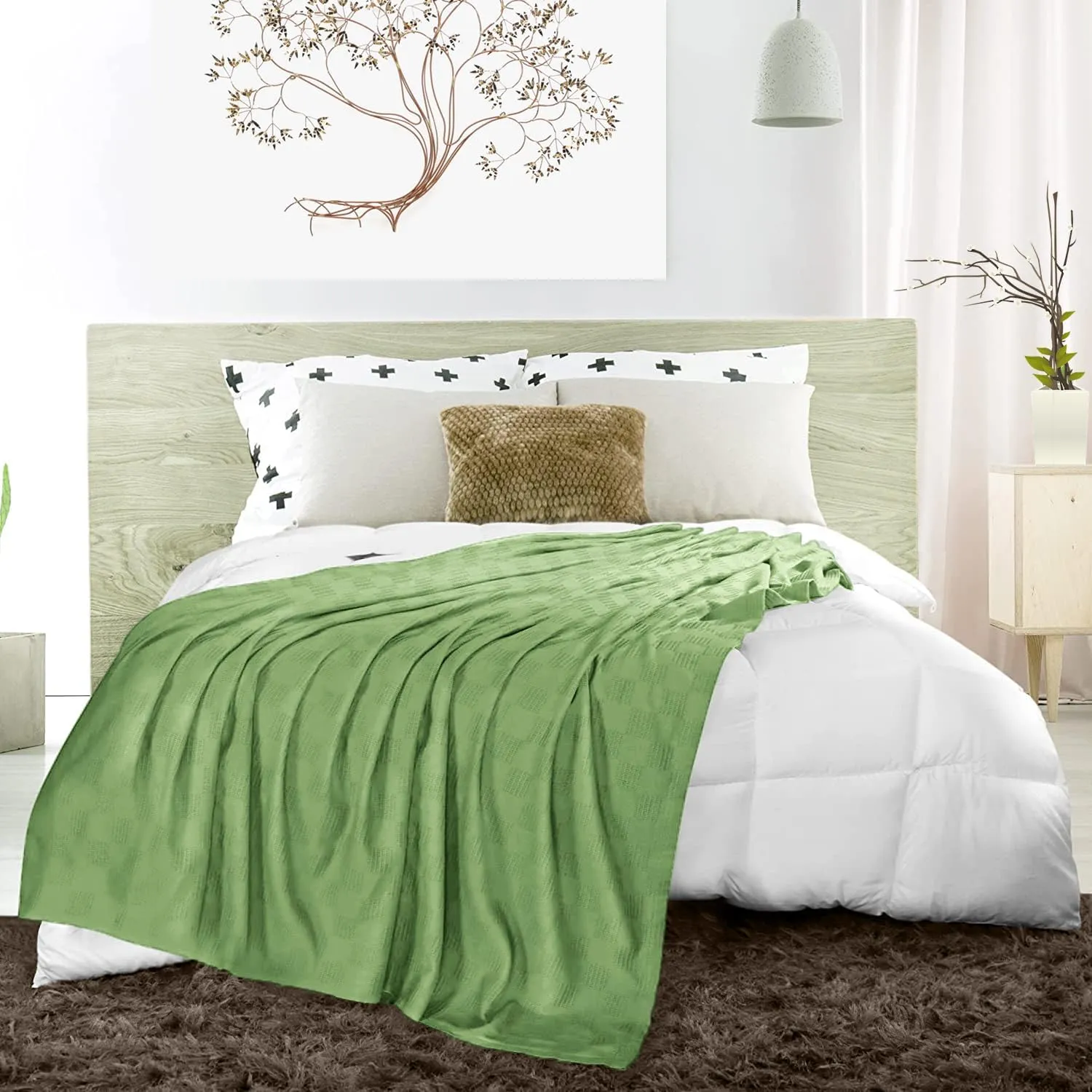 Avalon Bedding 100% Cotton King Size Thermal Blanket (108"x90") - Perfect Layering Blanket for Any Season - Green